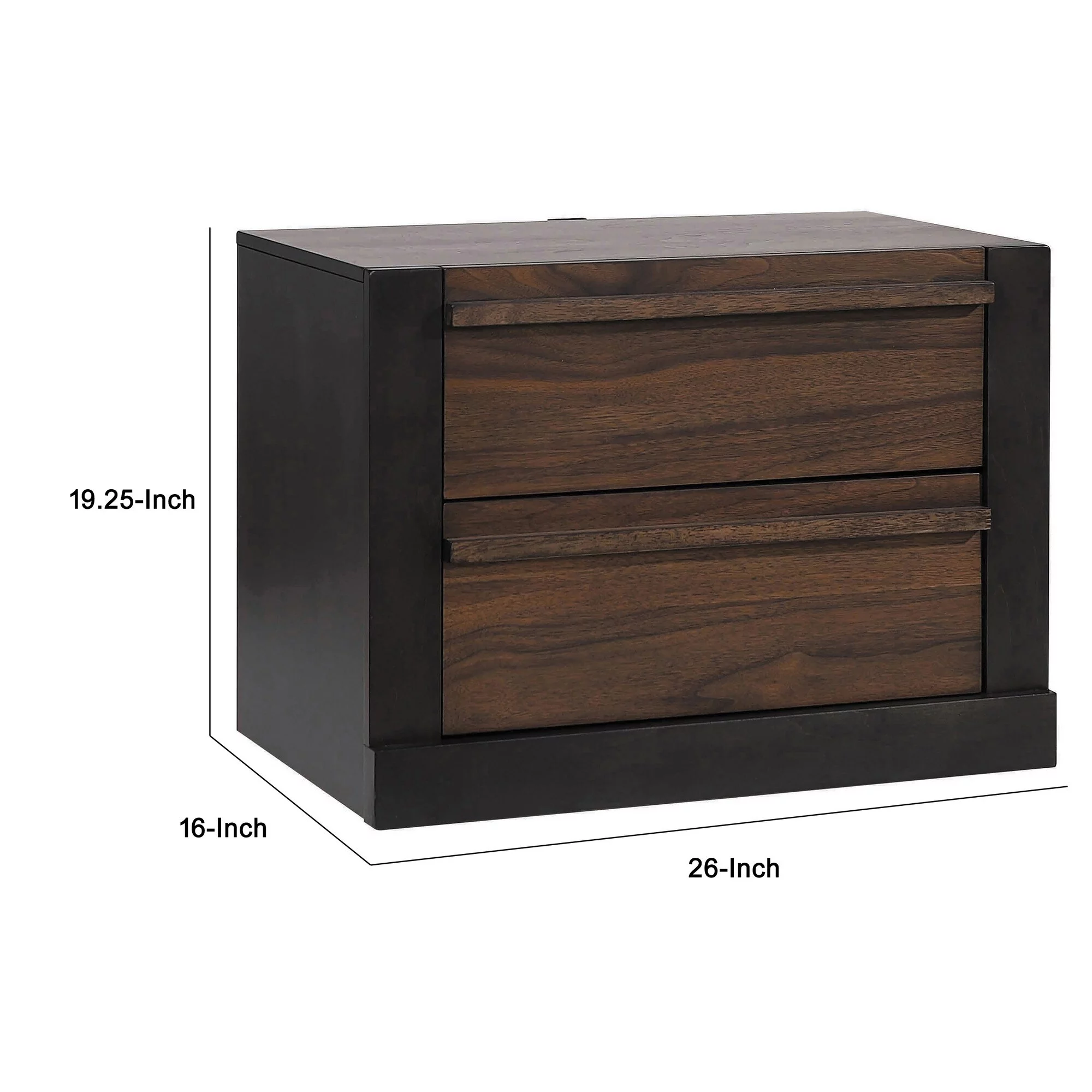 Ras 26 Inch 2 Drawer Nightstand, Felt Lined, 2 USB Ports, Walnut Brown