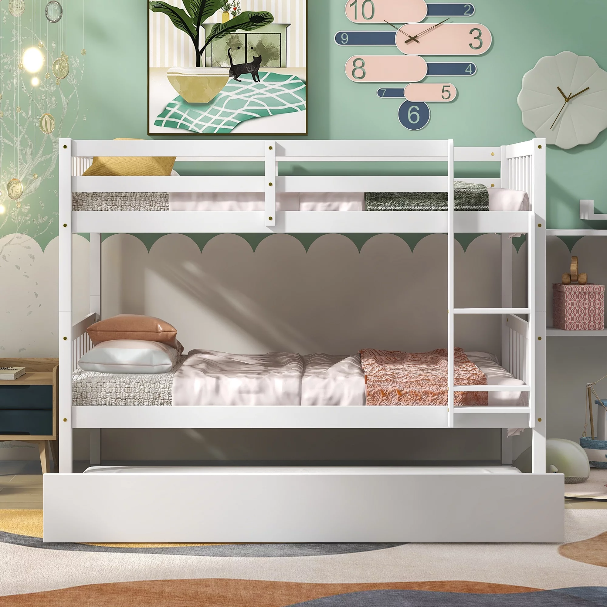 Bellemave Twin over Twin Bunk Bed with Trundle, Convertible Wood Bunk Bed with Ladder and Guardrails for 3 Kids, Teens, No Box Spring Needed (Gray)