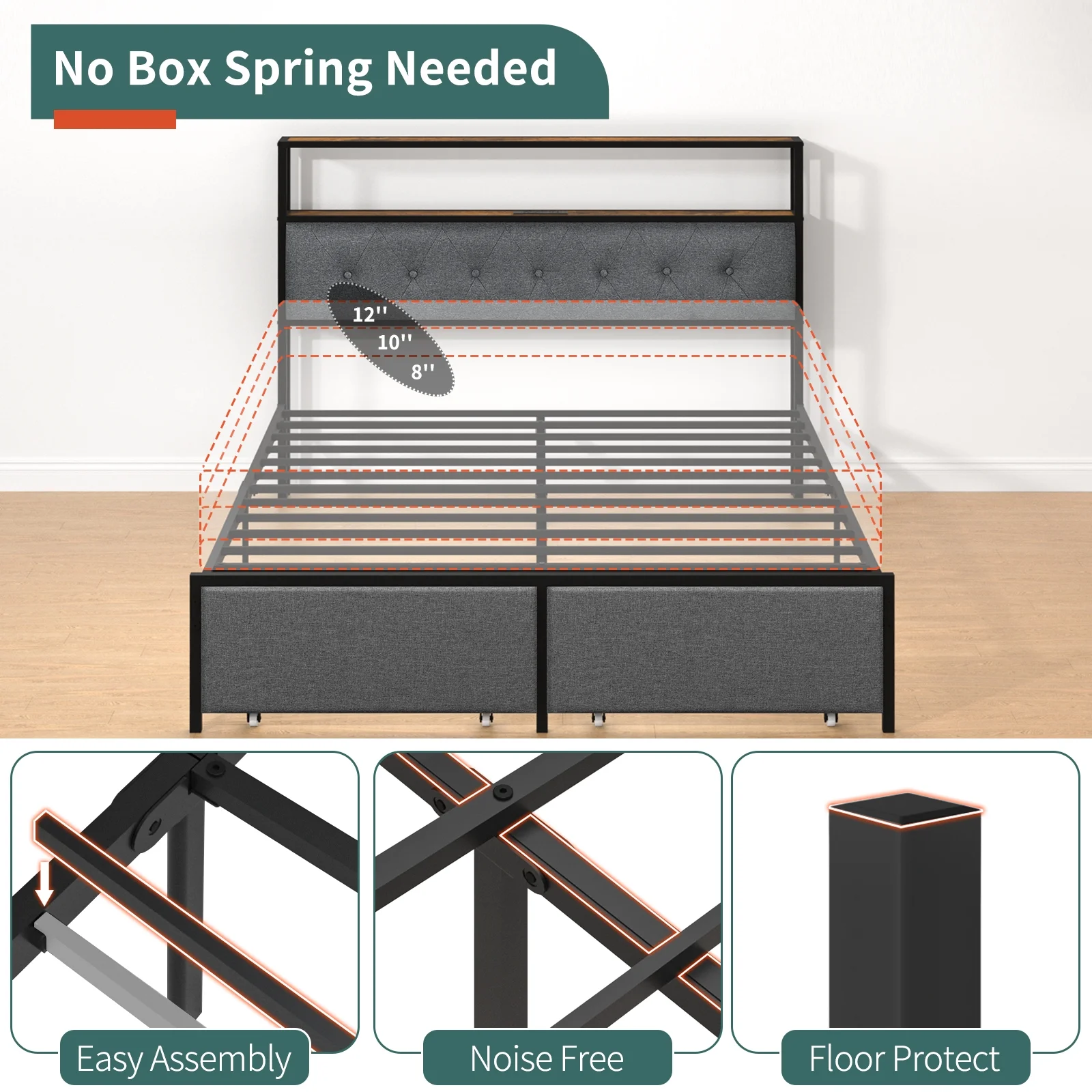 Yoobure Queen Bed Frame with Headboard, Metal Platform Bed Frame Queen Size, Heavy Duty Bed Frames with 2 Storage Drawers, Bedframe with Charging Station & LED Light, No Box Spring Needed, Noise Free