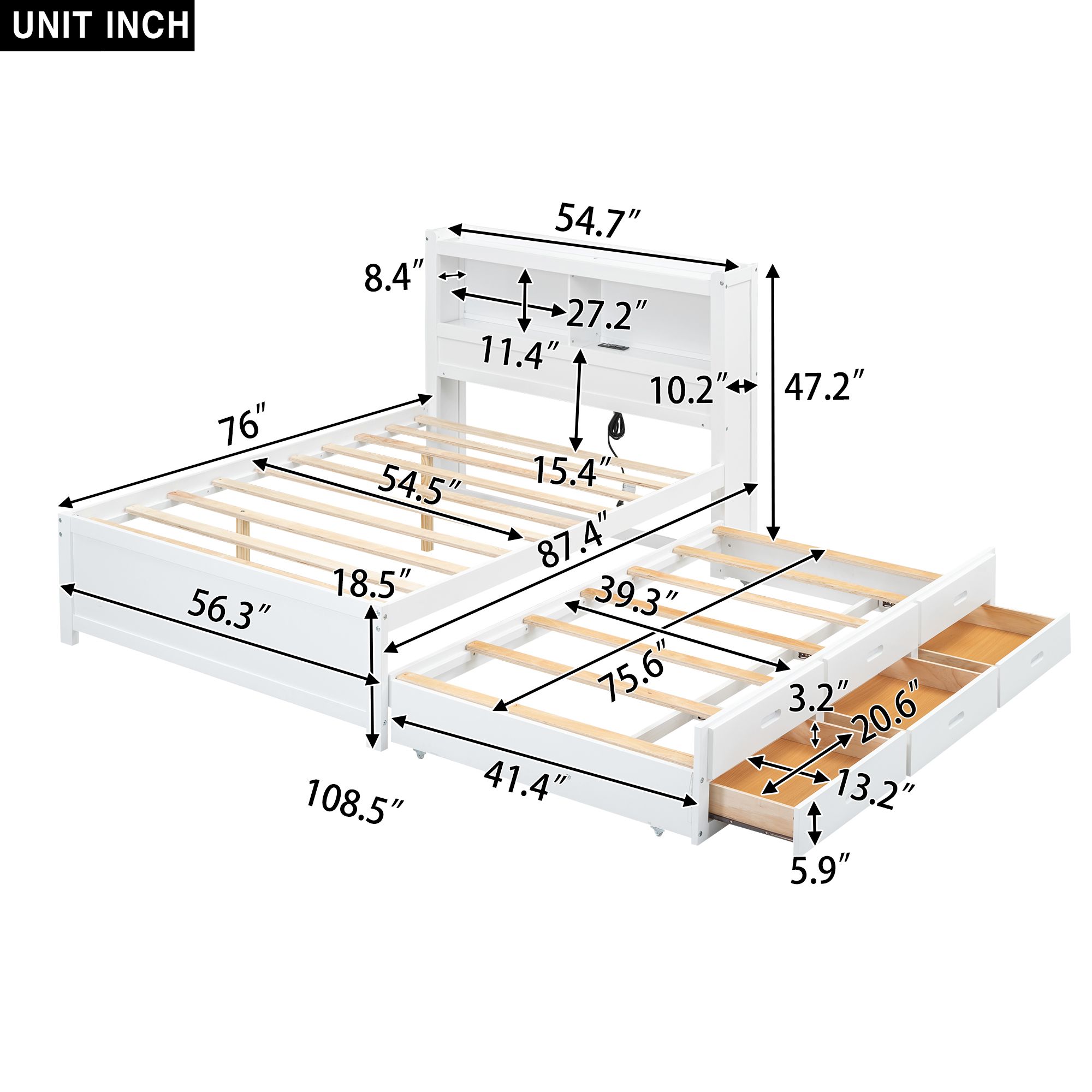 Full Wood Platform Bed Mattress Foundation with Trundle, Drawers and USB Plugs, Bed Frame Storage Bed w/ Wooden Slats for Boy Girl, No Box Spring Needed, Easy Assembly