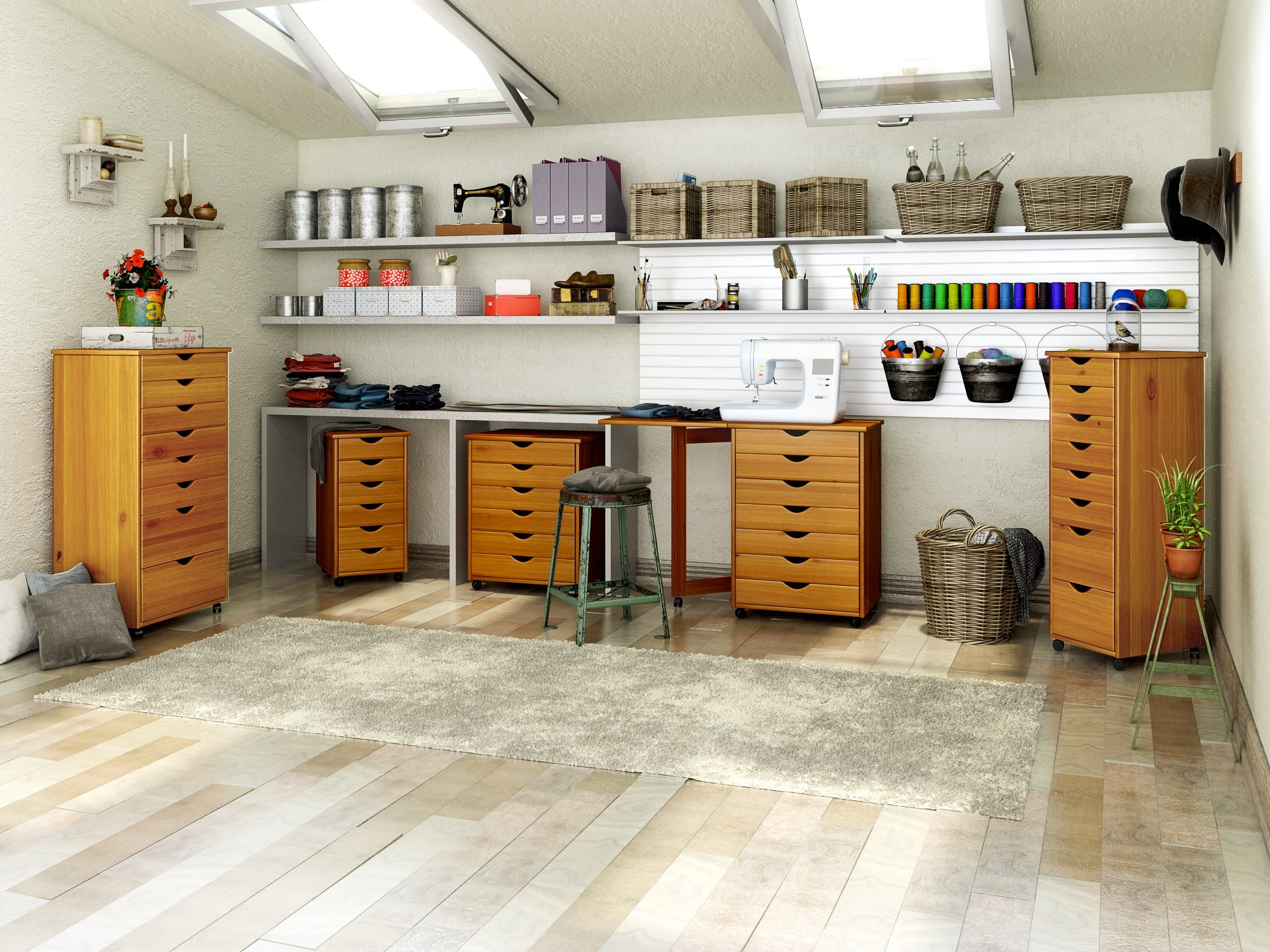 Adeptus Original Roll Cart, Solid Wood, 6+2 Drawer Extra Wide Roll Cart, Med Pine