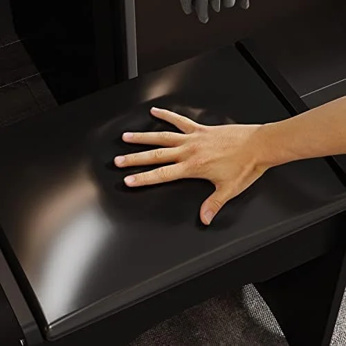 HBBOOMLIFE FUFU&GAGA Vanity Set with Round Mirror  Makeup Vanity Dressing Table with 5 Drawers  Shelves  Dresser Desk and Cushioned Stool Set (Black/Lighted Mirror)