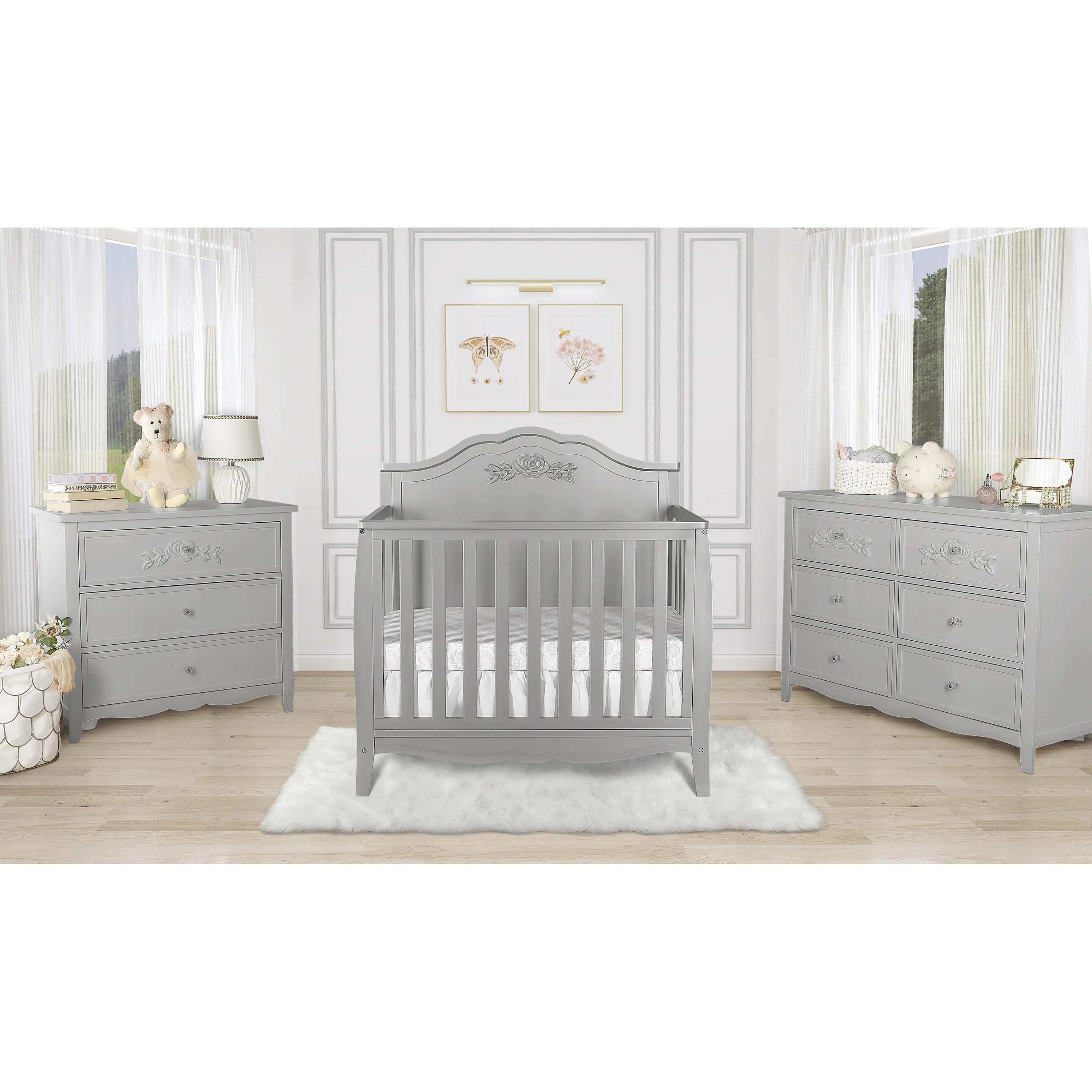 SweetPea Baby Rose 4-in-1 Convertible Mini Crib in Platinum, JPMA Certified Baby Crib, Non-Toxic Finish, New Zealand Pinewood, with 3 Mattress Height Settings Crib Platinum