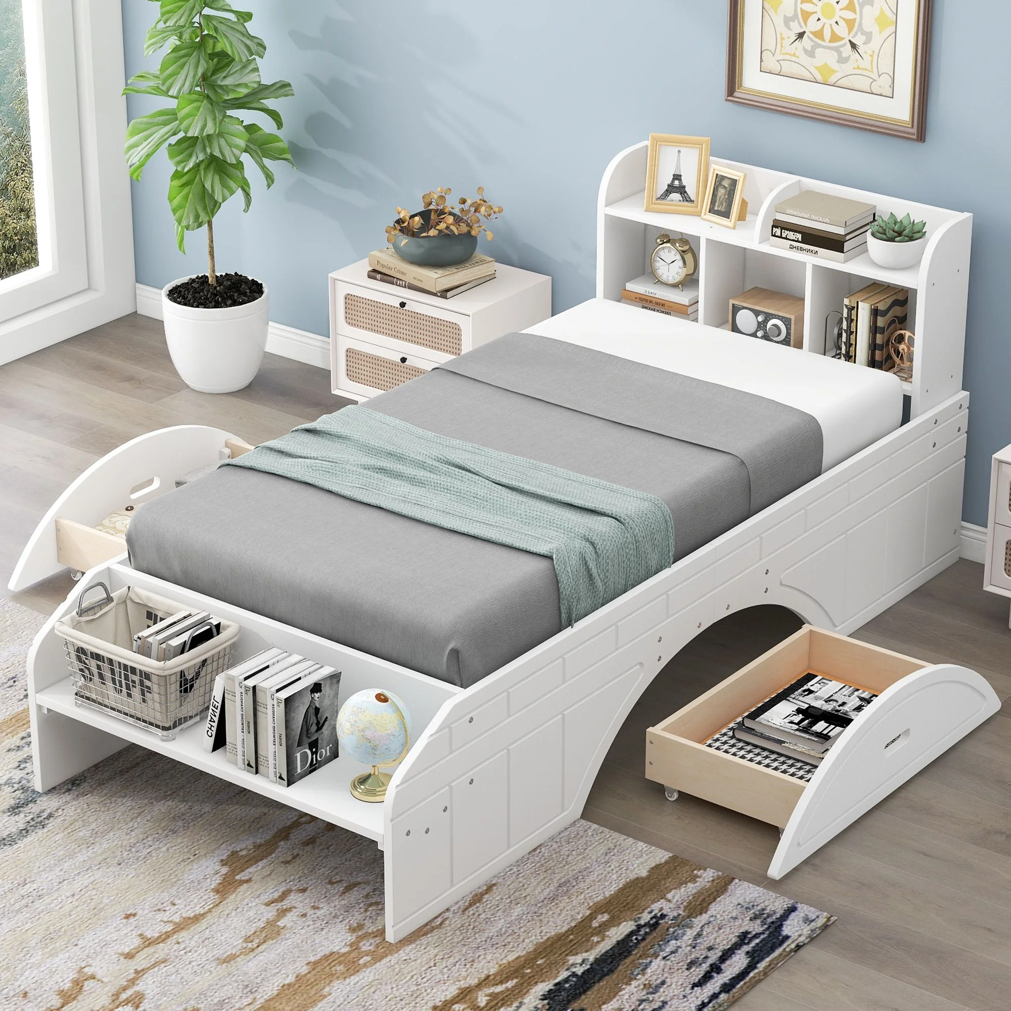 Solid Wood Bed Frame with 2 Drawers, Storage Headboard and Footboard, Platform Bed Frame, Mid Century Bedframe, Multi-Storage Space Wood Foundation(White, Twin)