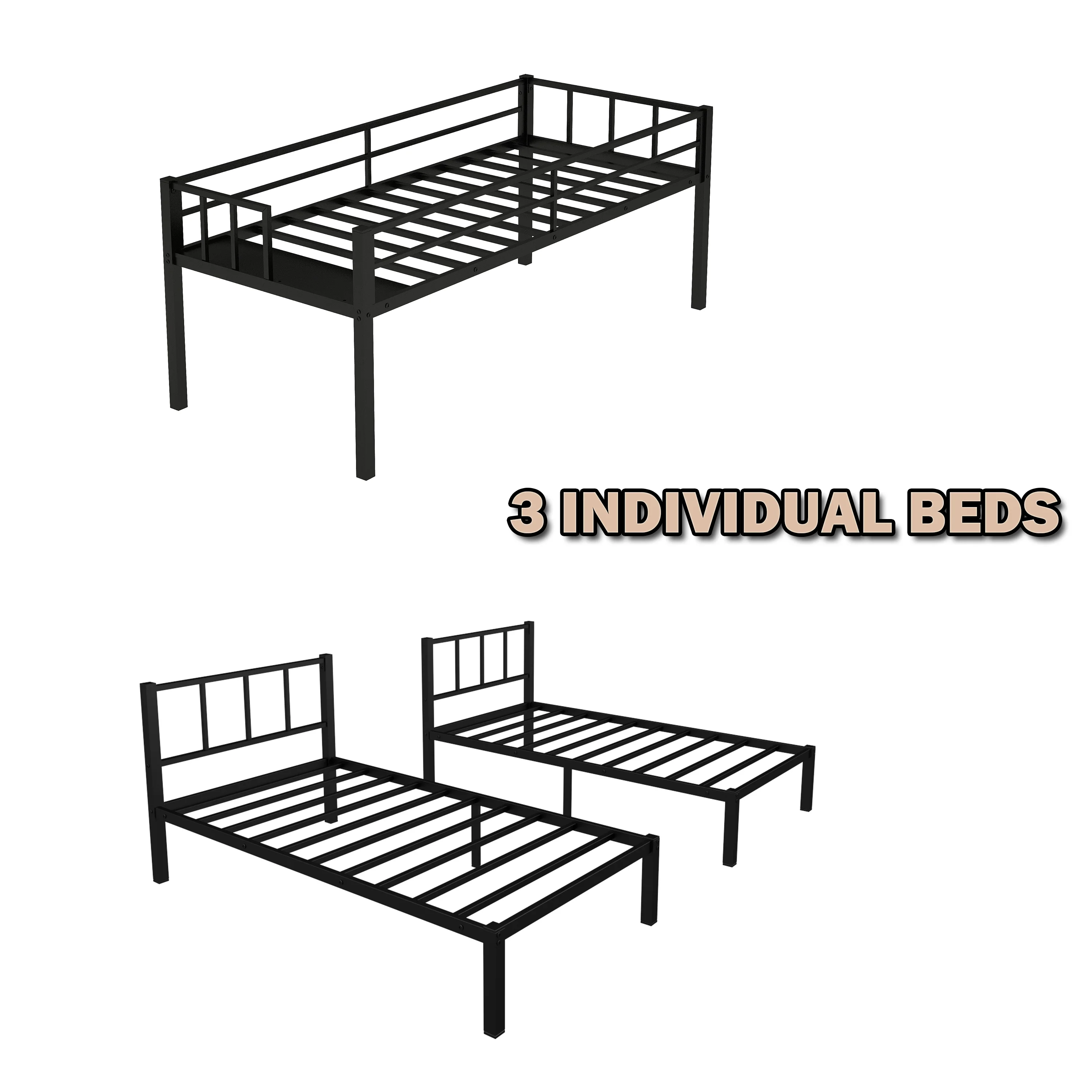 Bellemave Triple Bunk Bed Twin XL over Twin and Twin Metal Bunk Bed Frame with Storage Shelf Space Saving Bunk bed with Build-in Table Convertible 3 Bunk Bed for Kids Teens Boys Girls, Black