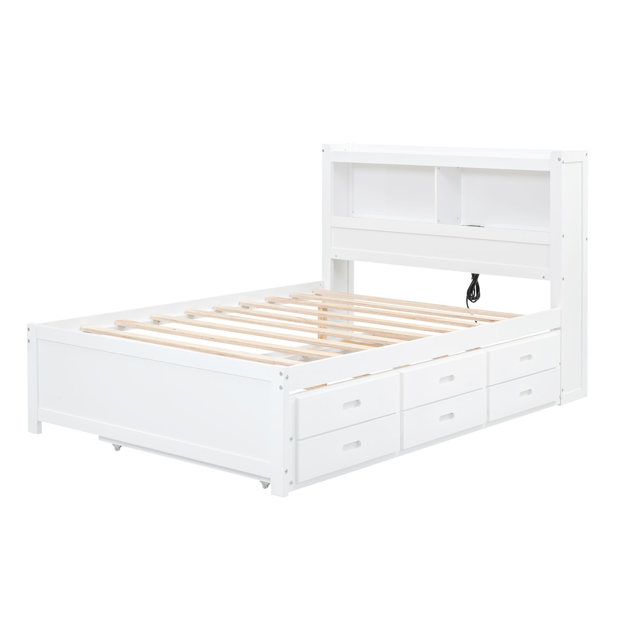 Full Wood Platform Bed Mattress Foundation with Trundle, Drawers and USB Plugs, Bed Frame Storage Bed w/ Wooden Slats for Boy Girl, No Box Spring Needed, Easy Assembly
