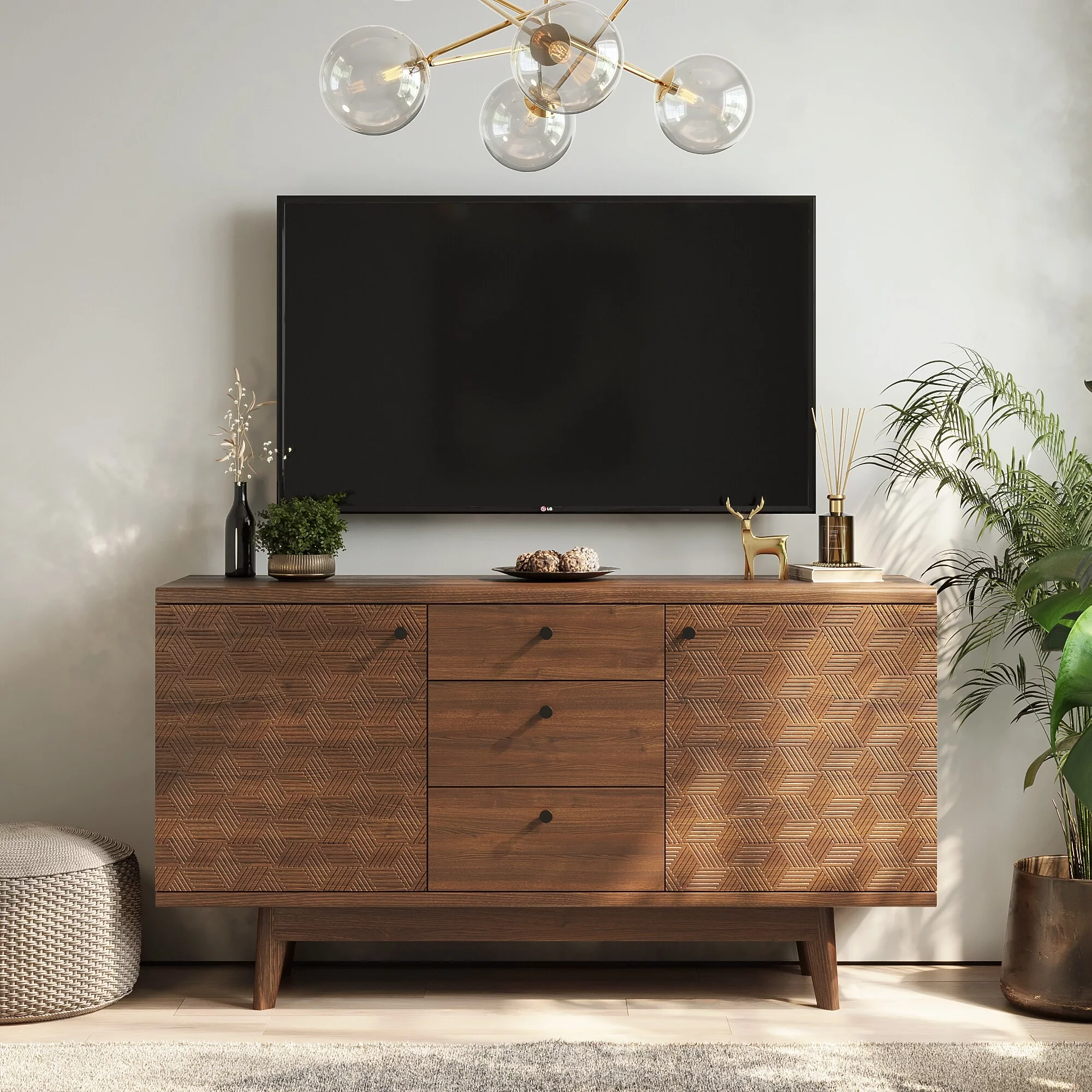 Living Skog  Scandi Sideboard Buffet TV Stand with Drawers and Wooden Legs for TV's up to 65-inch TV Beige