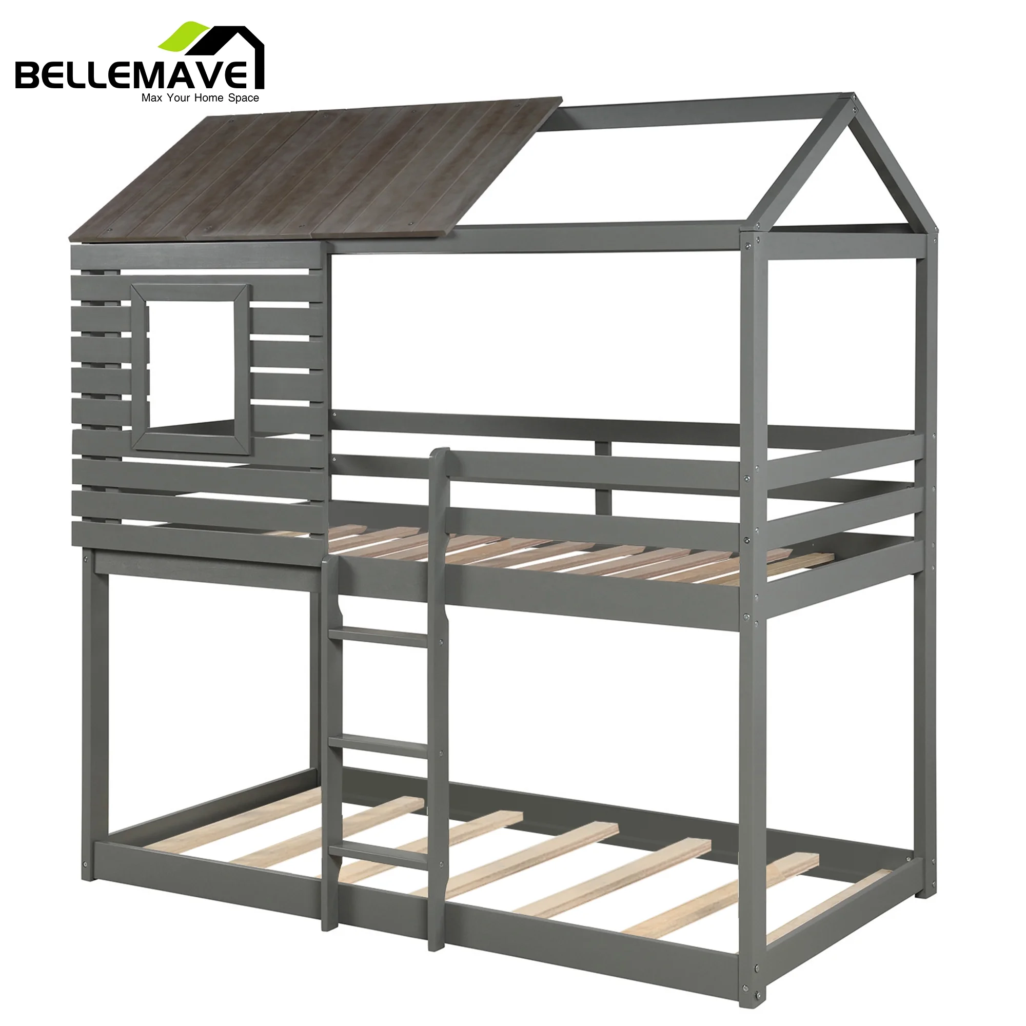 Bellemave Twin over Twin Bunk Bed for Kids, Twin House Bunk Bed with Roof, Window, Guardrail and Ladder, Low House Bunk Bed/Wood Playhouse Bunk Bed for Kids, Girls, Boys(Gray)