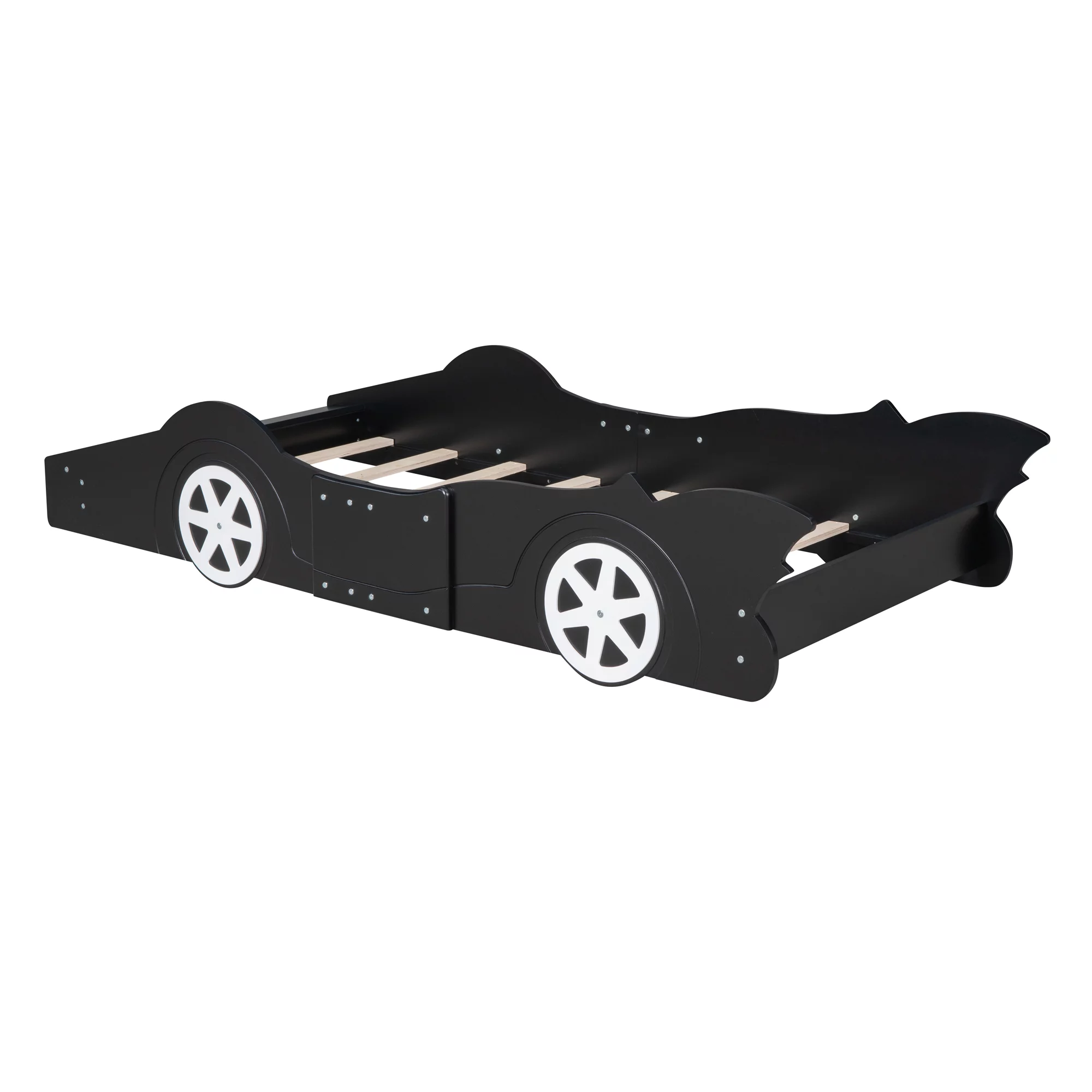 HSUNNS Twin Size Kids Race Car-Shaped Platform Bed with Wheels, Wooden Funny Twin Kids Bed Frame with 2 Sides Safety Rails for Boys Girls Toddlers Kids’ Bedroom, No Box Spring Needed, Black