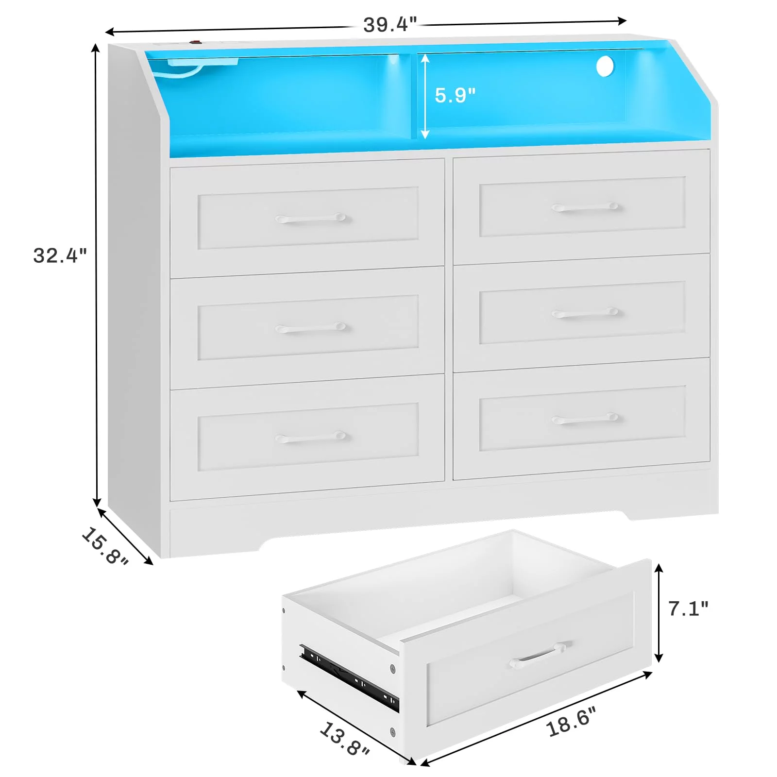 Dresser for Bedroom, 6 Drawer Dresser with LED Lights and Charging Station, White Finish