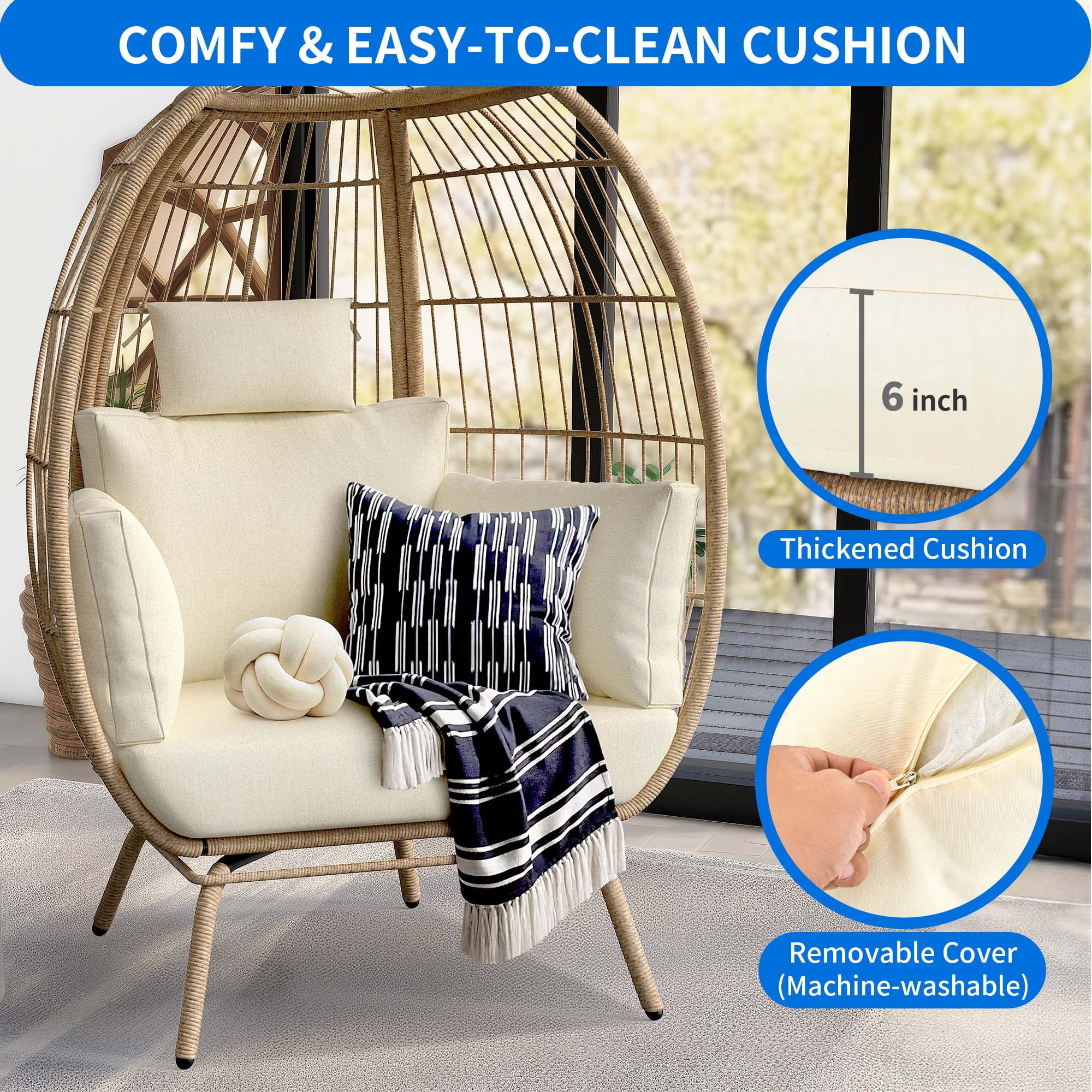 Dextrus Wicker Egg Chair Outdoor Indoor Oversized Lounger with Stand and Beige Cushions Egg Basket Chair for Patio Backyard Porch