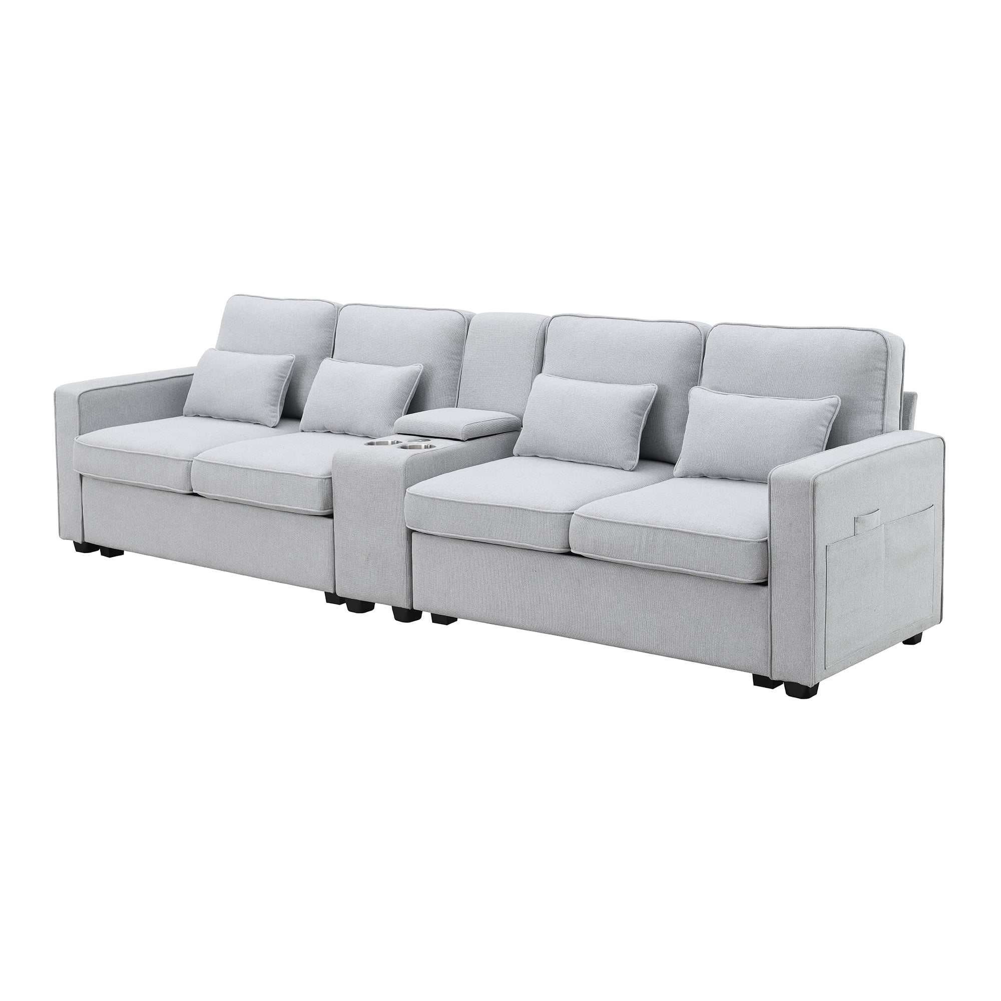 Modern 4 Seater Large Sofa with Console, Linen Fabric Upholstered Couch with USB Charging Ports Cup Holders for Living Room Office