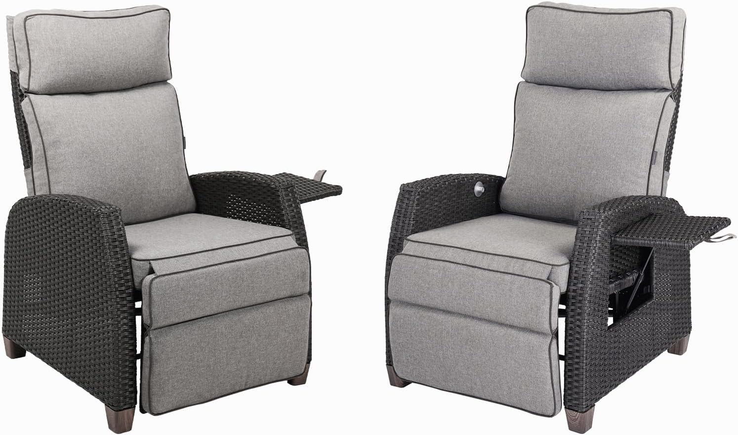 Grand Patio Indoor & Outdoor Recliner Chair PE Wicker Patio 150° Lay Flat Recliner, 2PCS, Gray