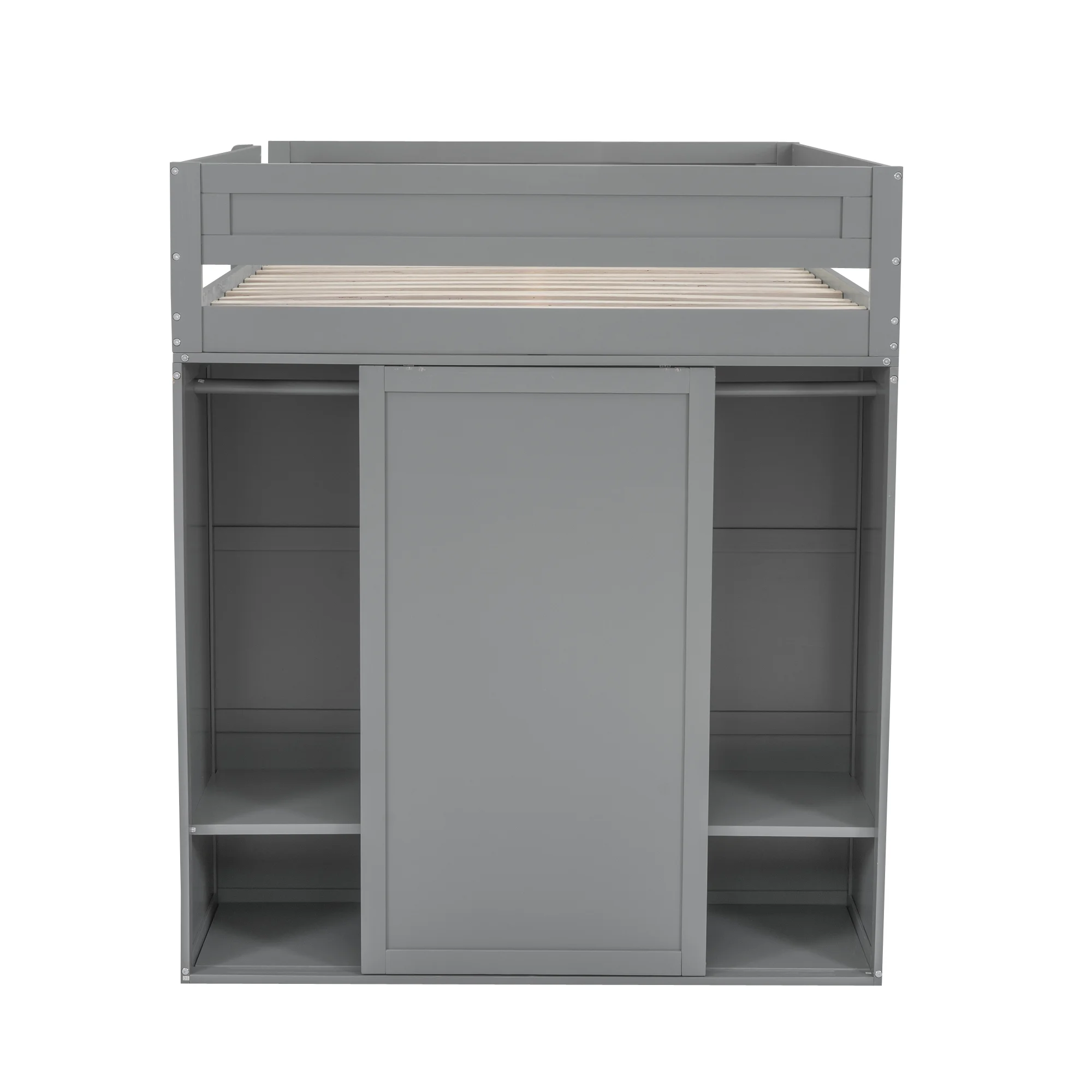EUROCO Wood Full Size Loft Bed, Storage Desk and Drawers, Wardrobe with Clothes Hanger and Sliding Door for Living Room, Gray
