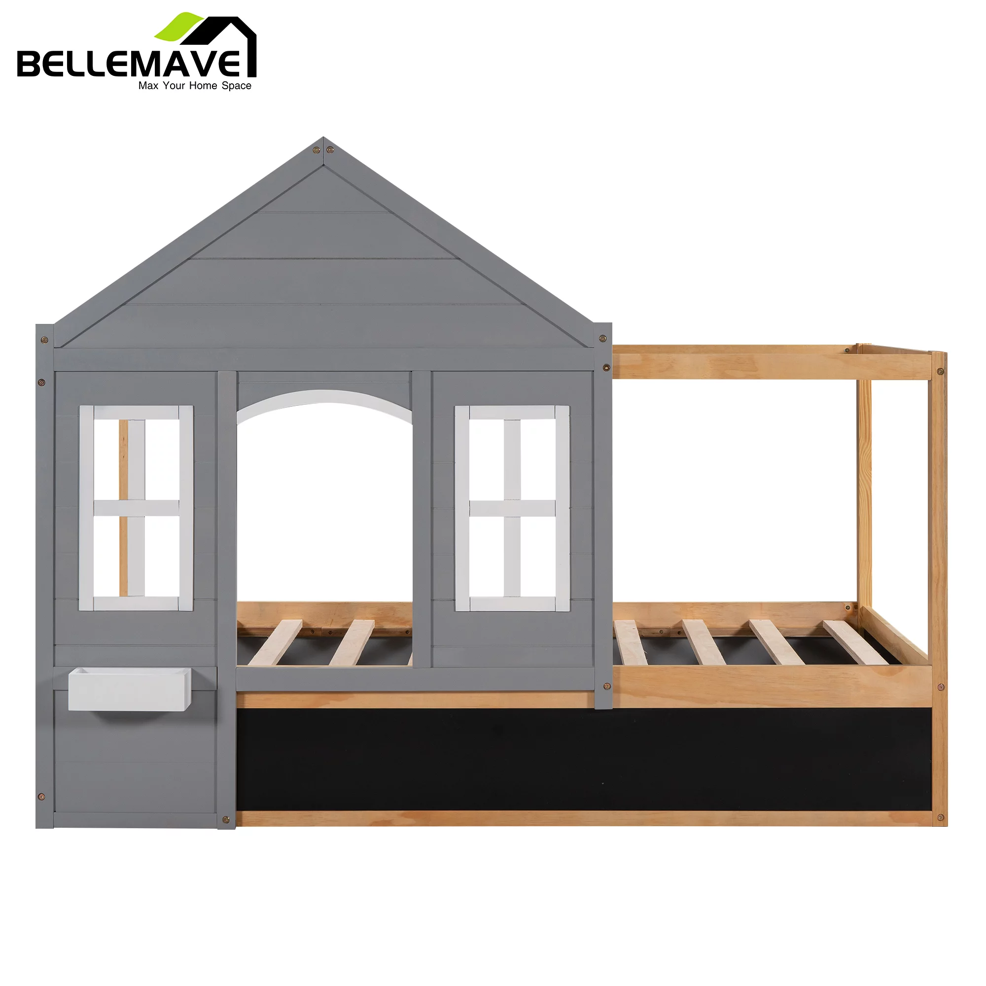 Bellameve Gray Twin Size Kids Canopy Platform Bed with Roof, Window, Blackboard and Little Shelf, Wood House Shaped Kids Platform Bed Daybed for Bedroom Living Room