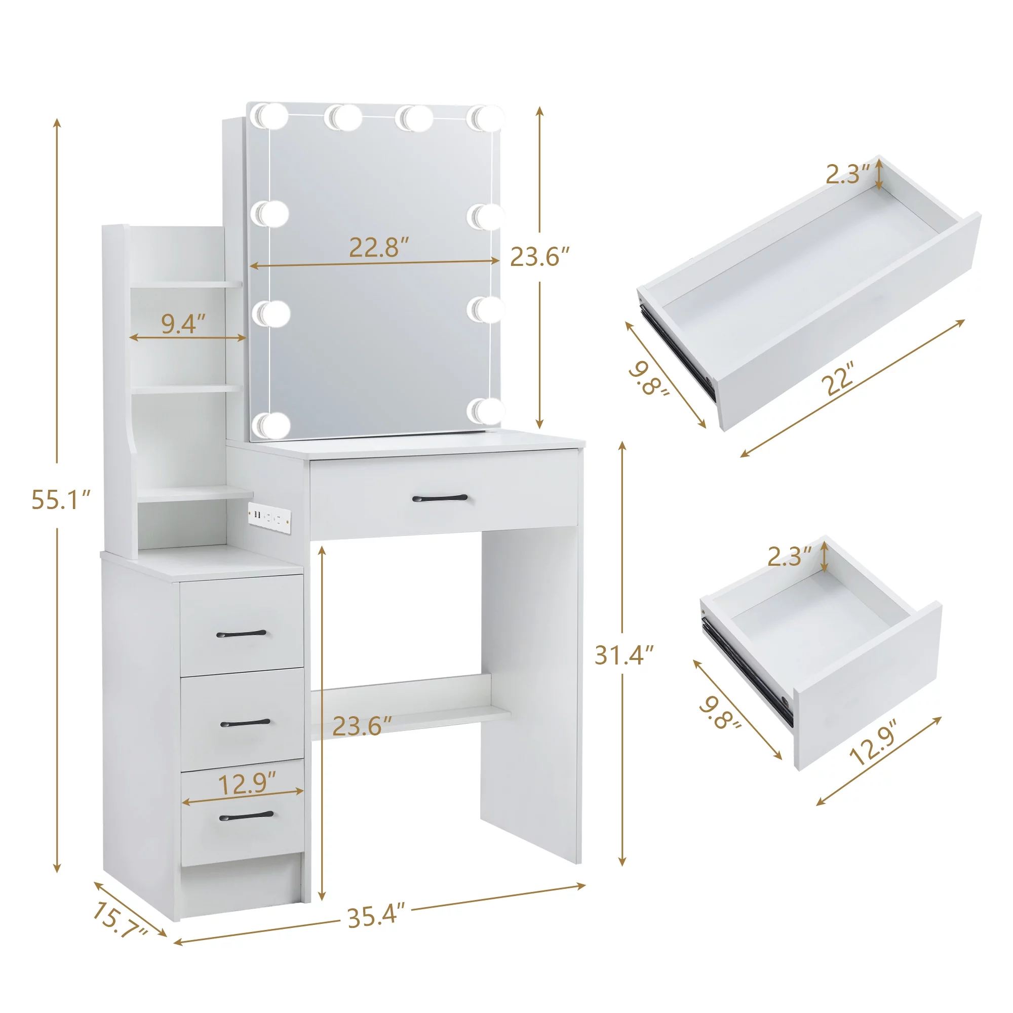 Yamissi Modern Makeup Vanity with LED Lighted Mirror and Stool, Vanity Table with USB Ports for Bedroom, Vanity Desk with Storage Shelves & Drawers, White