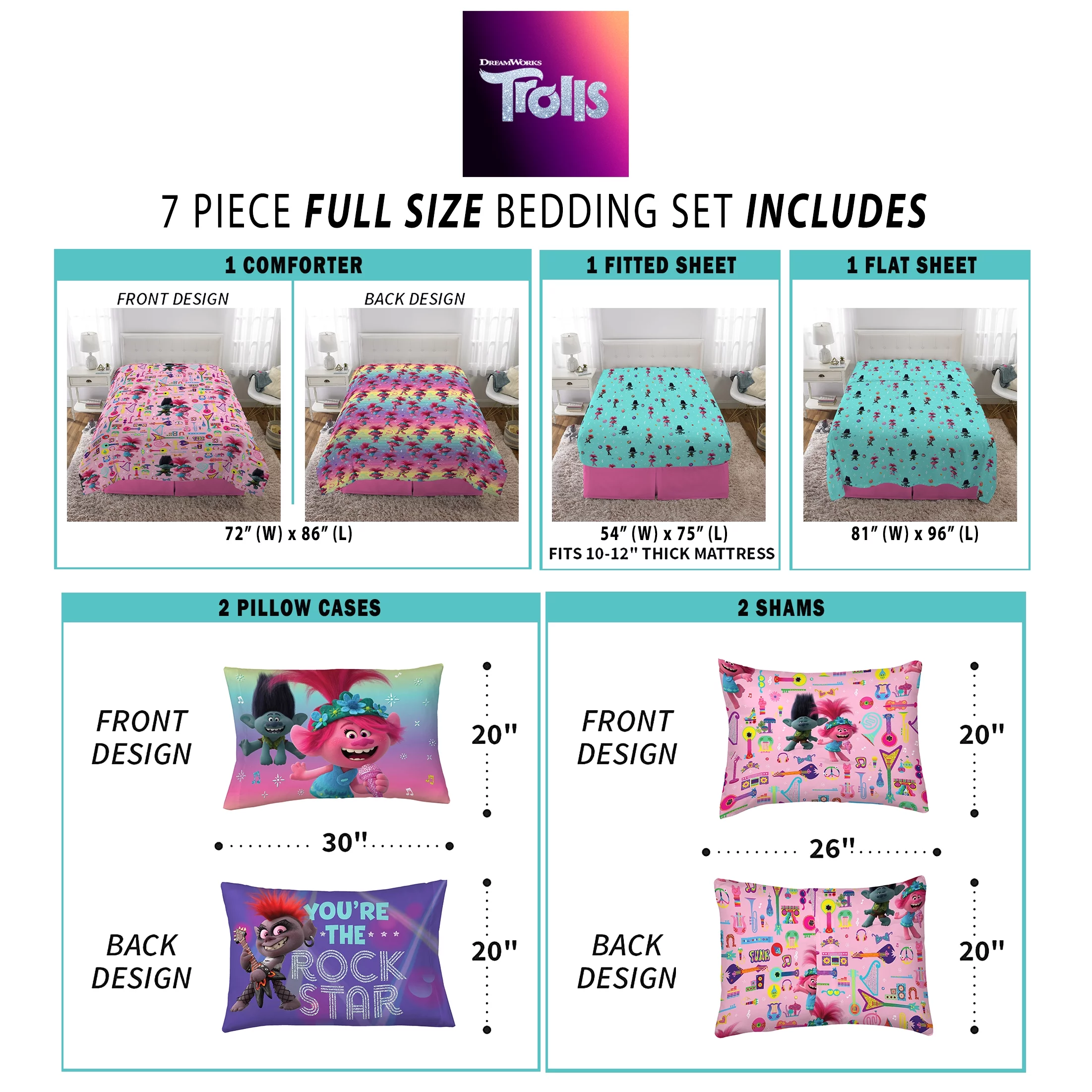 Trolls Kids Full Bed in a Bag, Comforter Sheets and Sham, Rainbow, DreamWorks