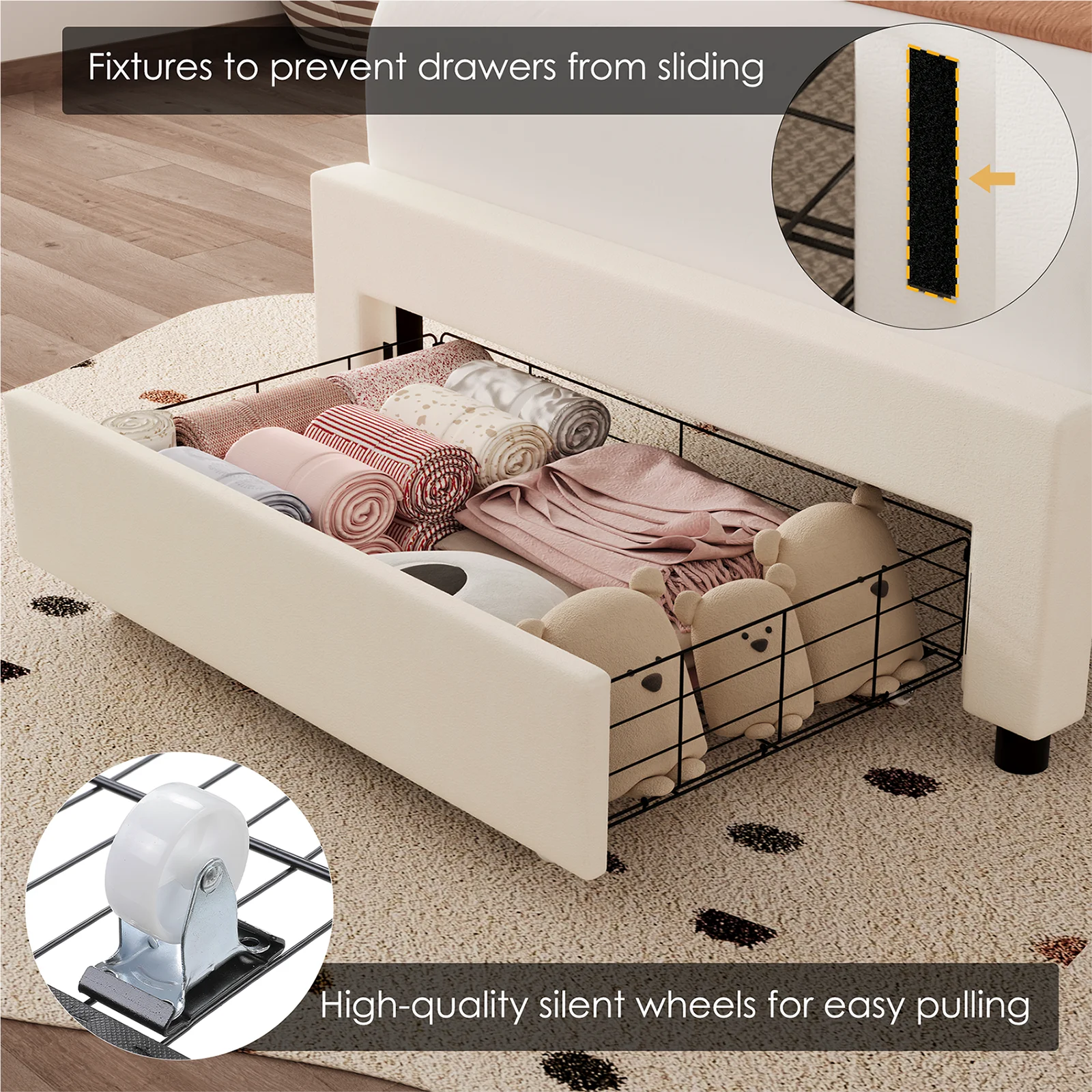 Homfa Twin Size LED Bed Frame with Drawer, Velvet Upholstered Platform Bed with Adjustable Petal Headboard for Kid, Beige