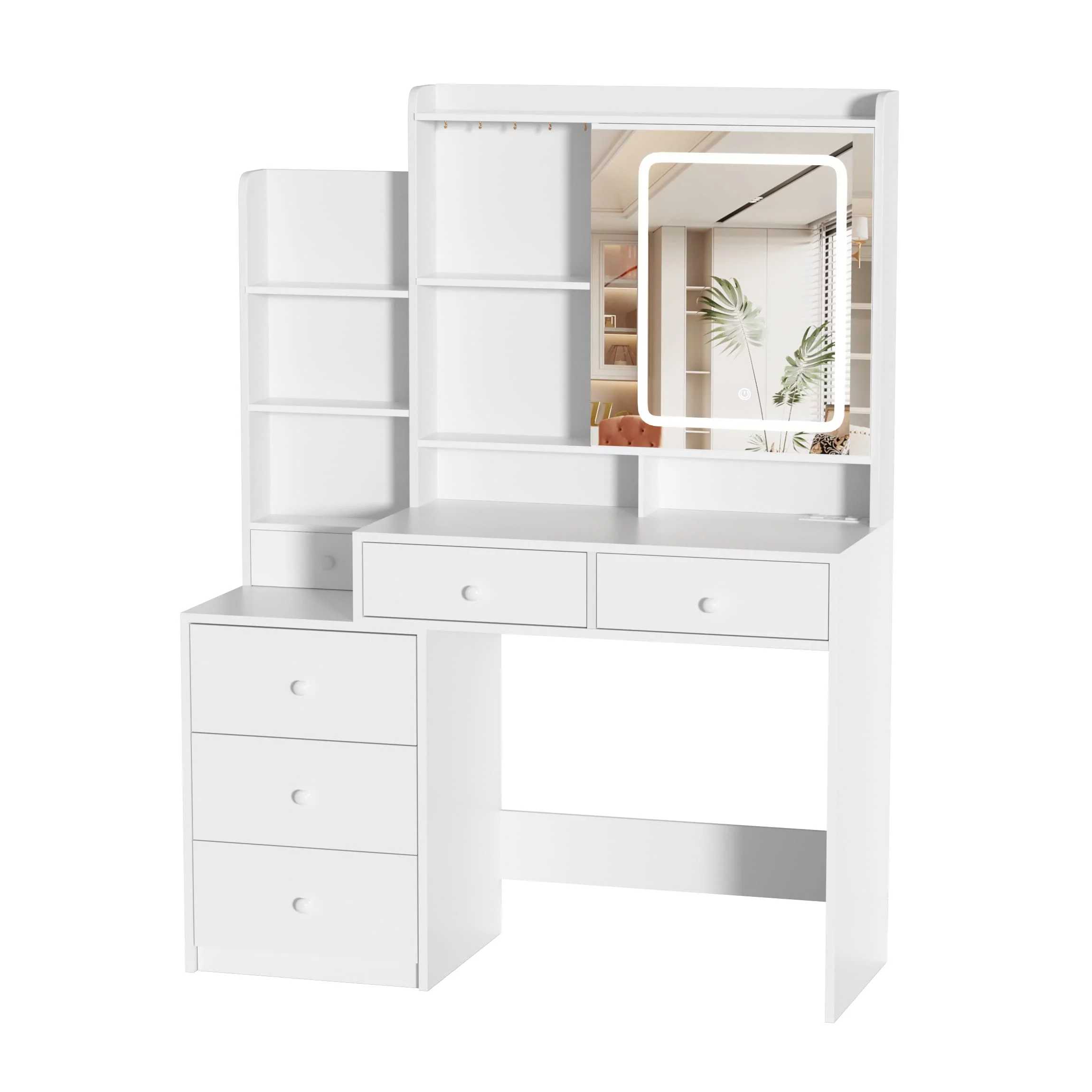 Veanerwood Vanity Table with Mirror and Lights, Modern Makeup Vanity Desk with Drawers and Power Strip, Bedroom Dressing Table, 43.3in, White