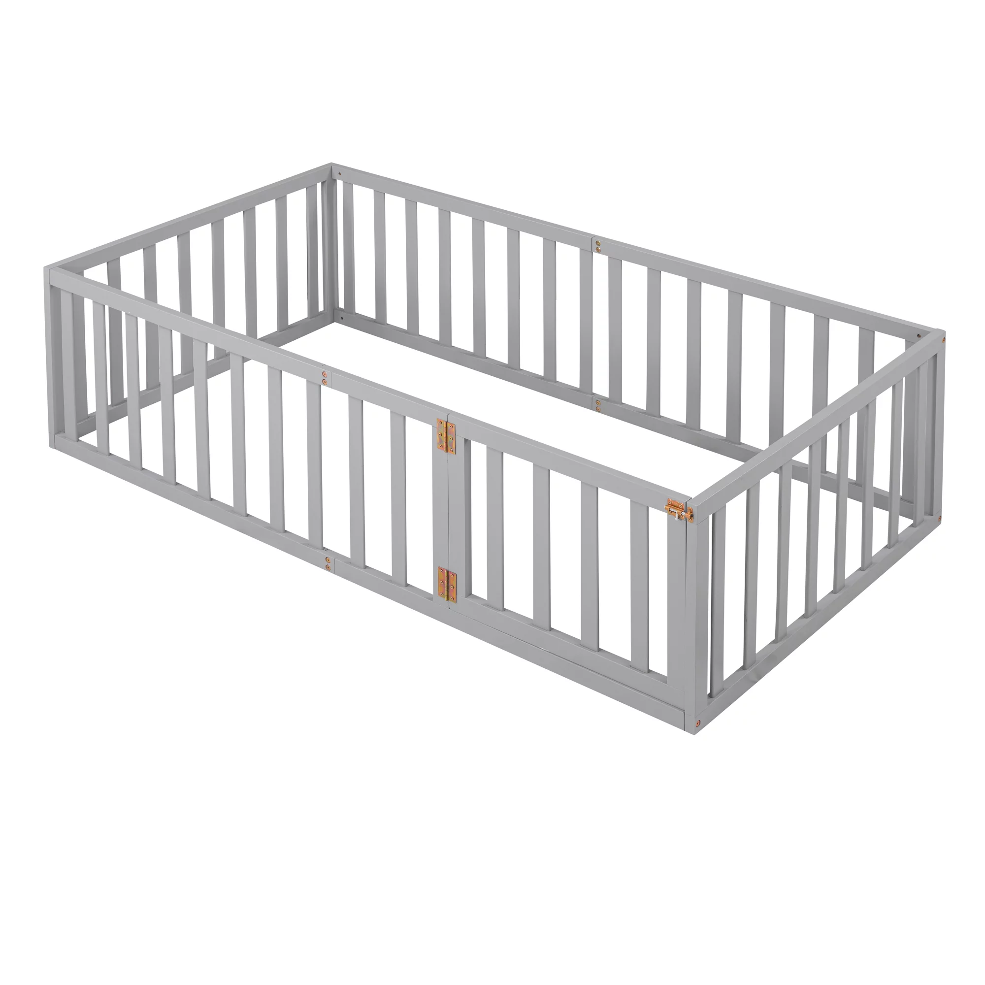 Wood Floor Bed with Fence and Door for Kids, Twin, Gray