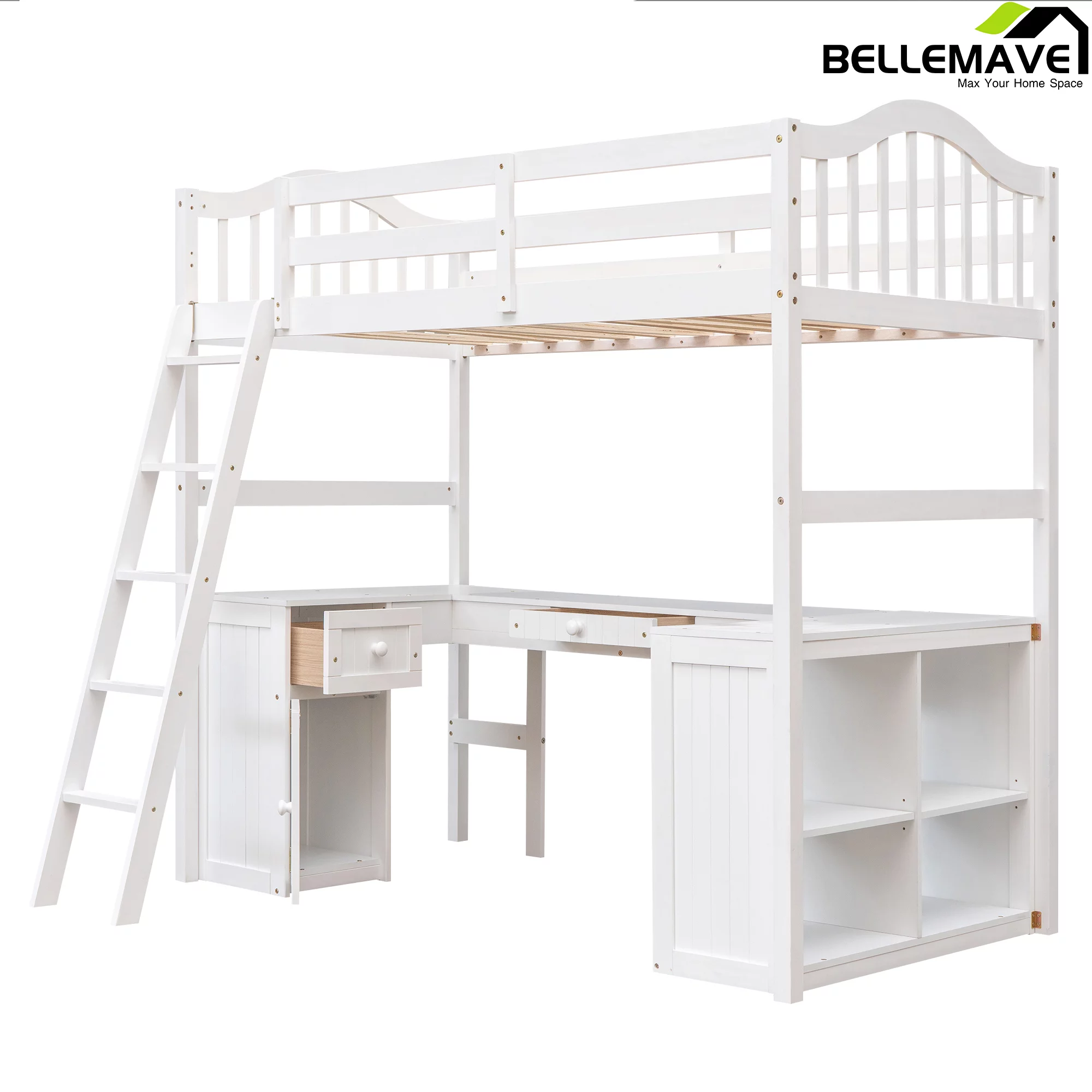 Bellemave Twin Size High Loft Bed with Desk and Drawers for Kids,Wooden Loft Bed Frame with Bookcase Shelves and Storage Cabinet for Kids,Teens,Adults,White