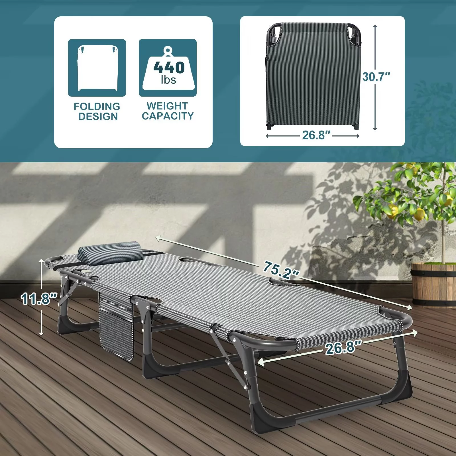 MOPHOTO Set of 2 Patio Lounge Chairs, Folding Chaise Lounge Chair 5-Position, Folding Cot, Heavy Duty Patio Chaise Lounges for Outside, Poolside, Beach, Lawn, Camping