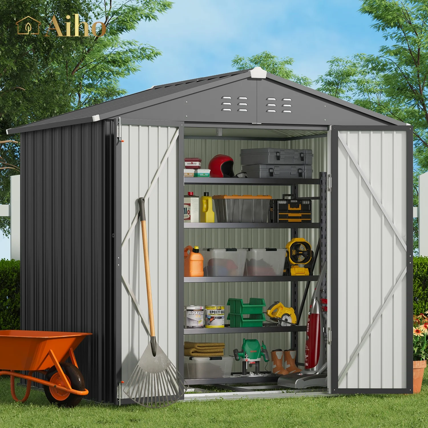 Aiho 8' x 6' Shed, Outdoor Storage Shed with Metal Base Frame & Air Vent & Lockable Doors for Garden and Backyard - Gray
