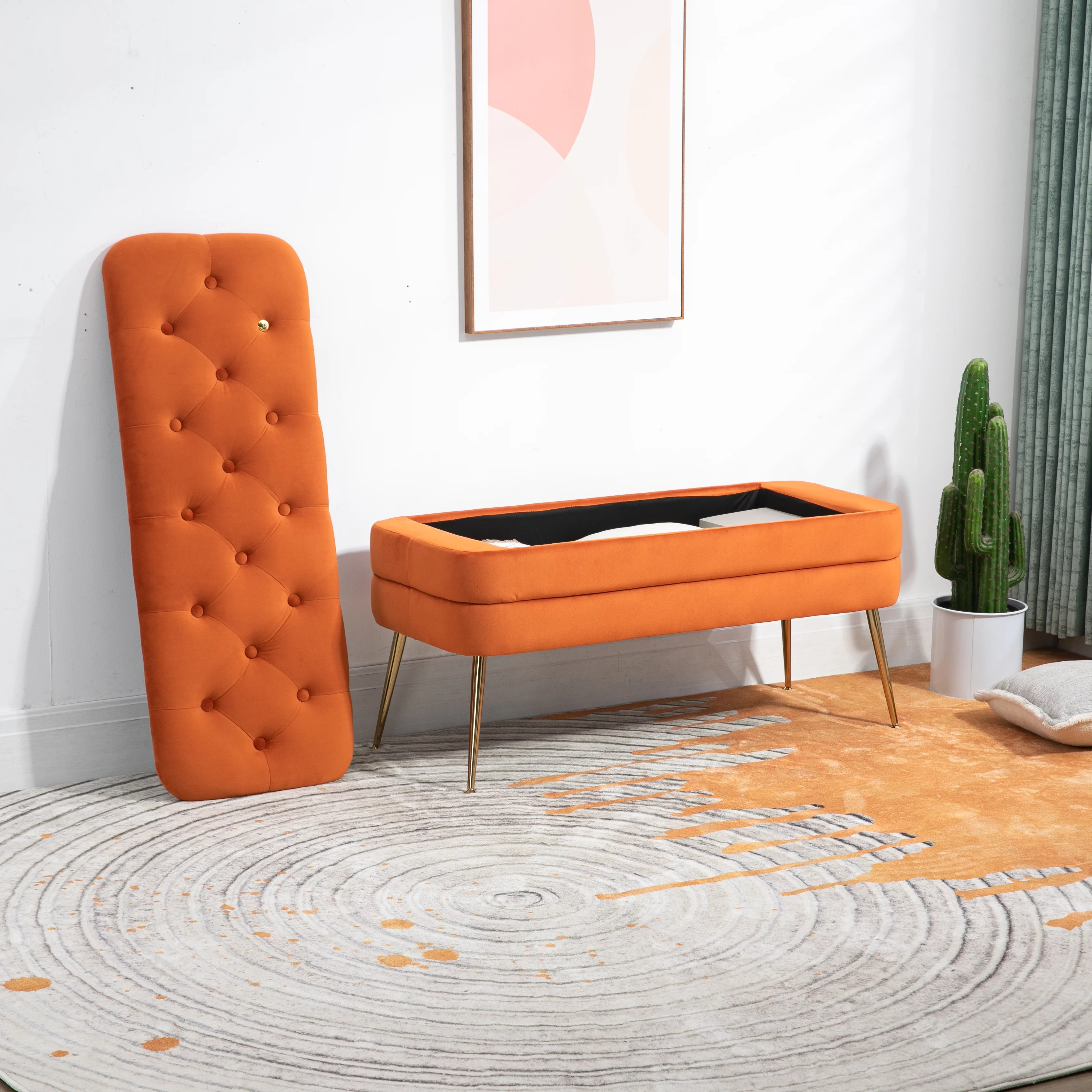 Storage Ottoman Bench Upholstered Velvet Storage Ottoman with Safety Hinge Bench with Storage Bedroom Ottoman Entryway Padded Footstool, Ottoman Bench for Living Room & Bedroom