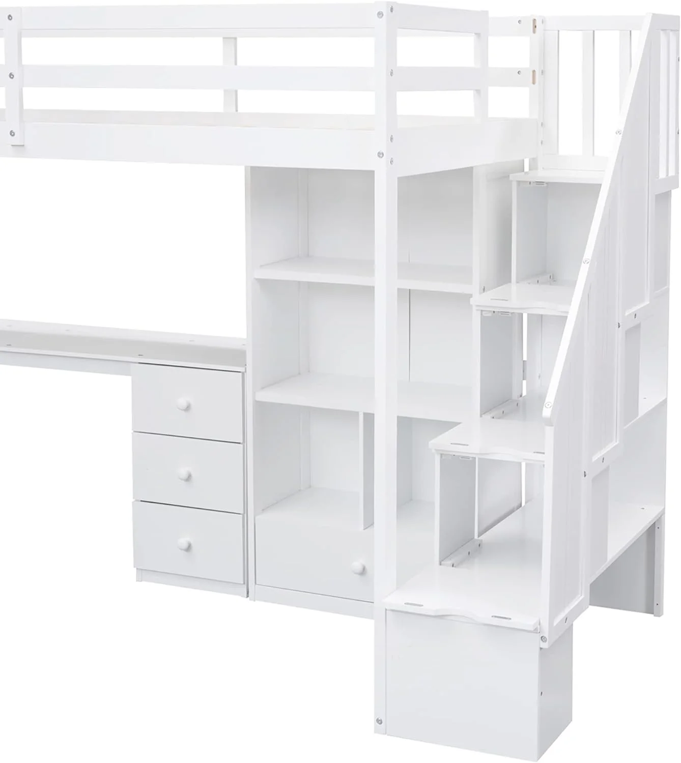 Size Loft Bed With Stairs Ad L-Shaped Desk, Wood Loft Bed With Storage Drawers Ad Cabiet, Loft Bed With Guardrails For Kids Girls Boys, White