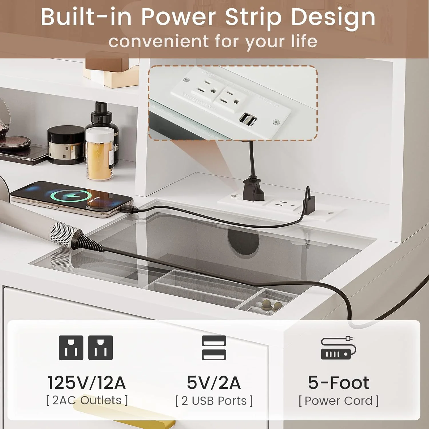 White Vanity Desk with Mirror and Lights,Bedroom Makeup Table Set with Lights & Charging Station,Makeup Desk with Drawers and Storage Shelves and Cushioned Stool