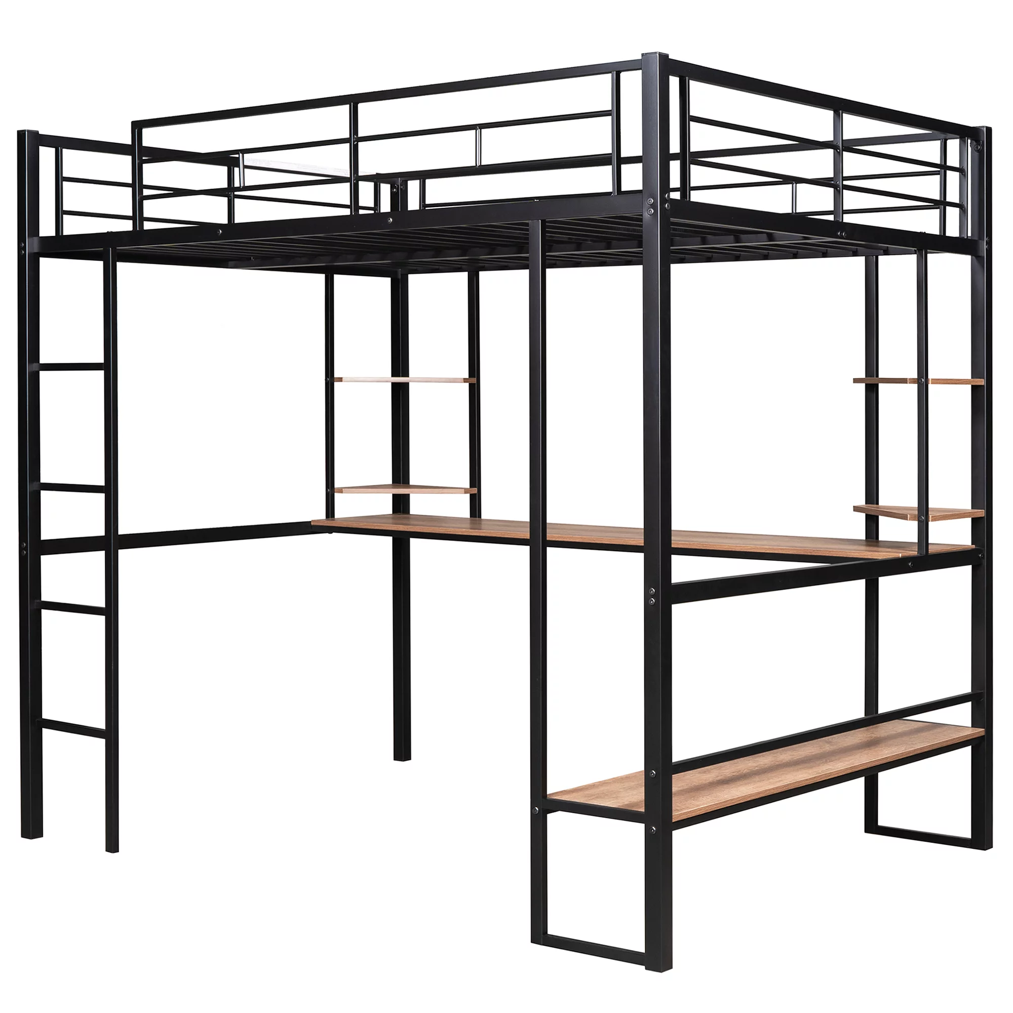 Euroco Full Size Loft Bed with Desk and Shelf, Space Saving Metal Bed, Black