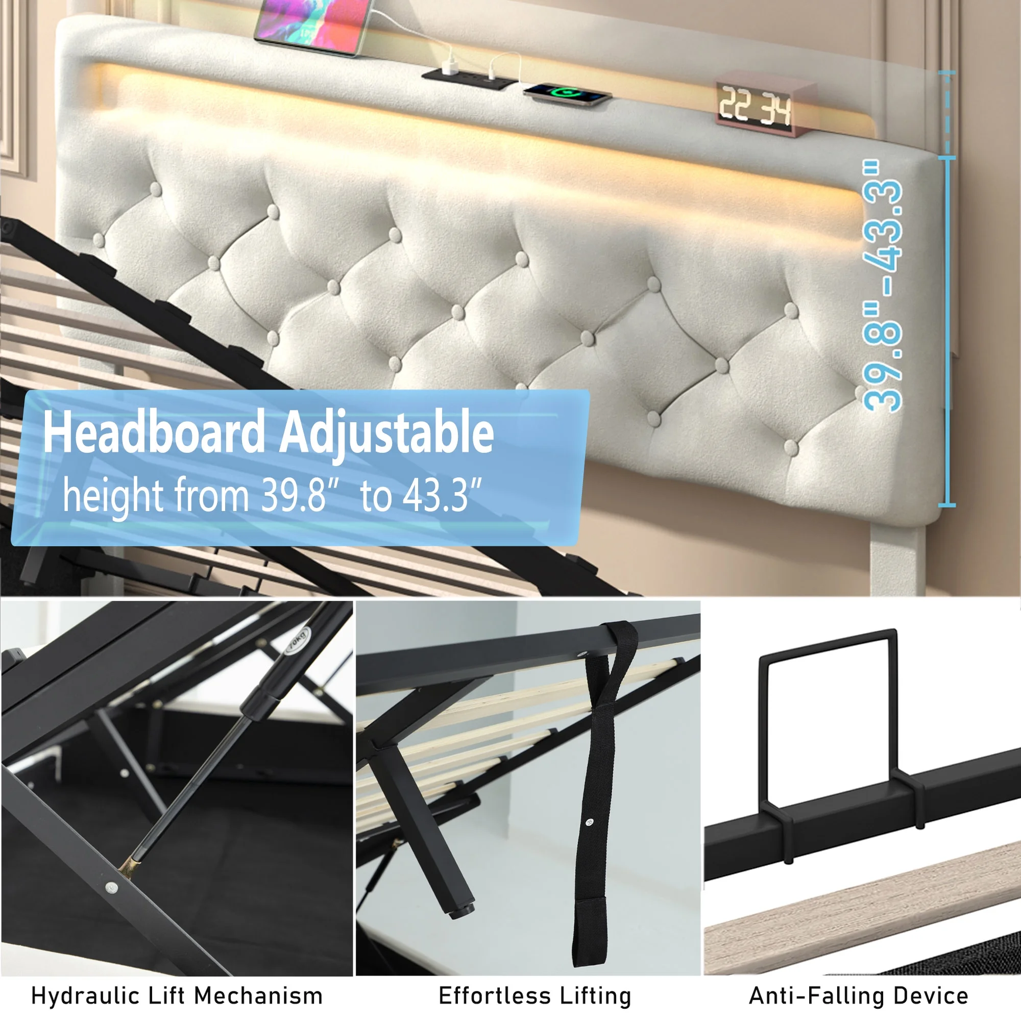 Queen Lift Up Storage Bed with LED Light & Power Station & Large Under Bed Storage, Velvet Upholstered Platform Bed Frame with Adjustable Headboard(Beige-Queen)