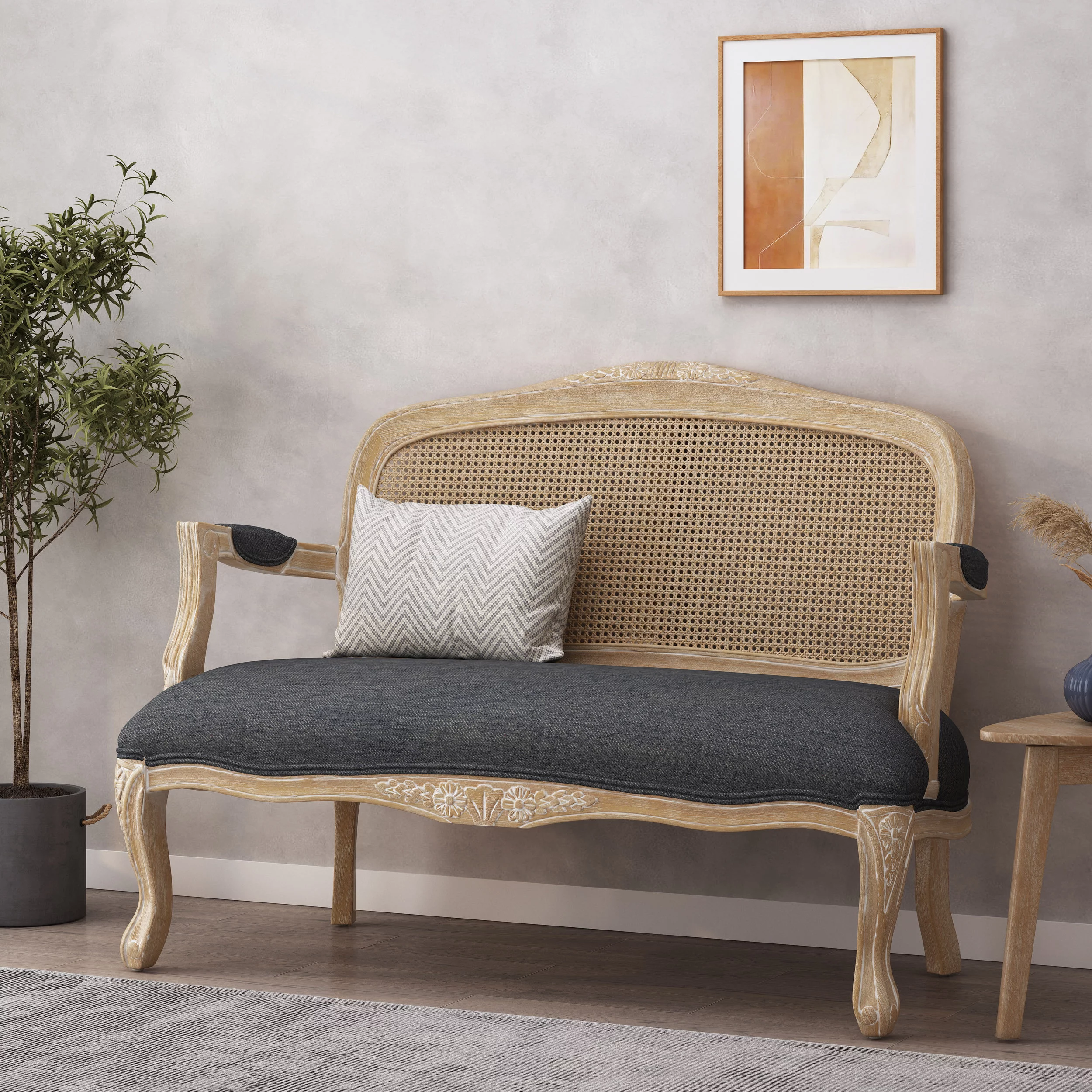 Wistar French Country Wood and Cane Loveseat, Charcoal and Natural