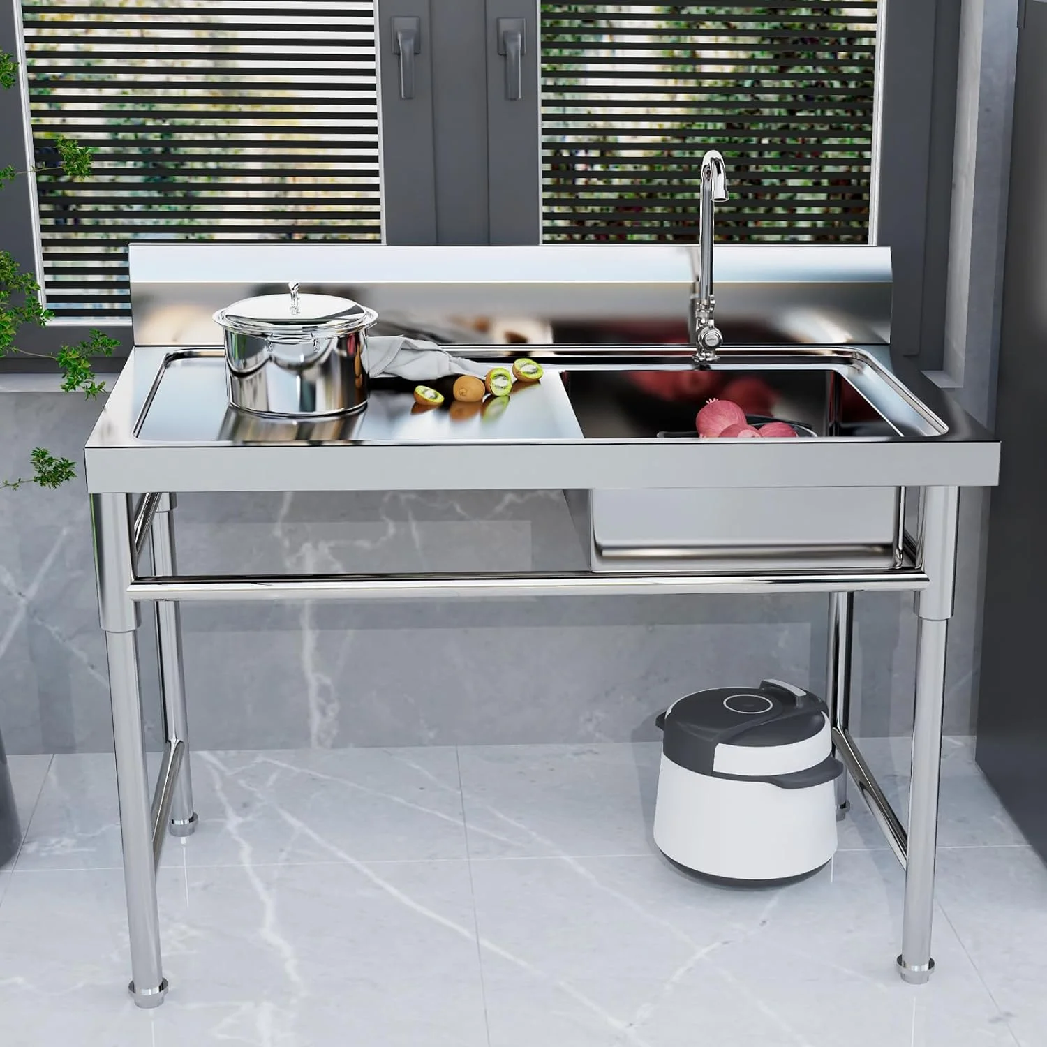 Free Standing Commercial Kitchen Sink 2 Compartment Stainless Steel Prep & Utility Sink 201 Stainless Steel Freestanding Kitchen Sink for Restaurant, Kitchen, Outdoor (Dual Bowl Style w/Baffle)