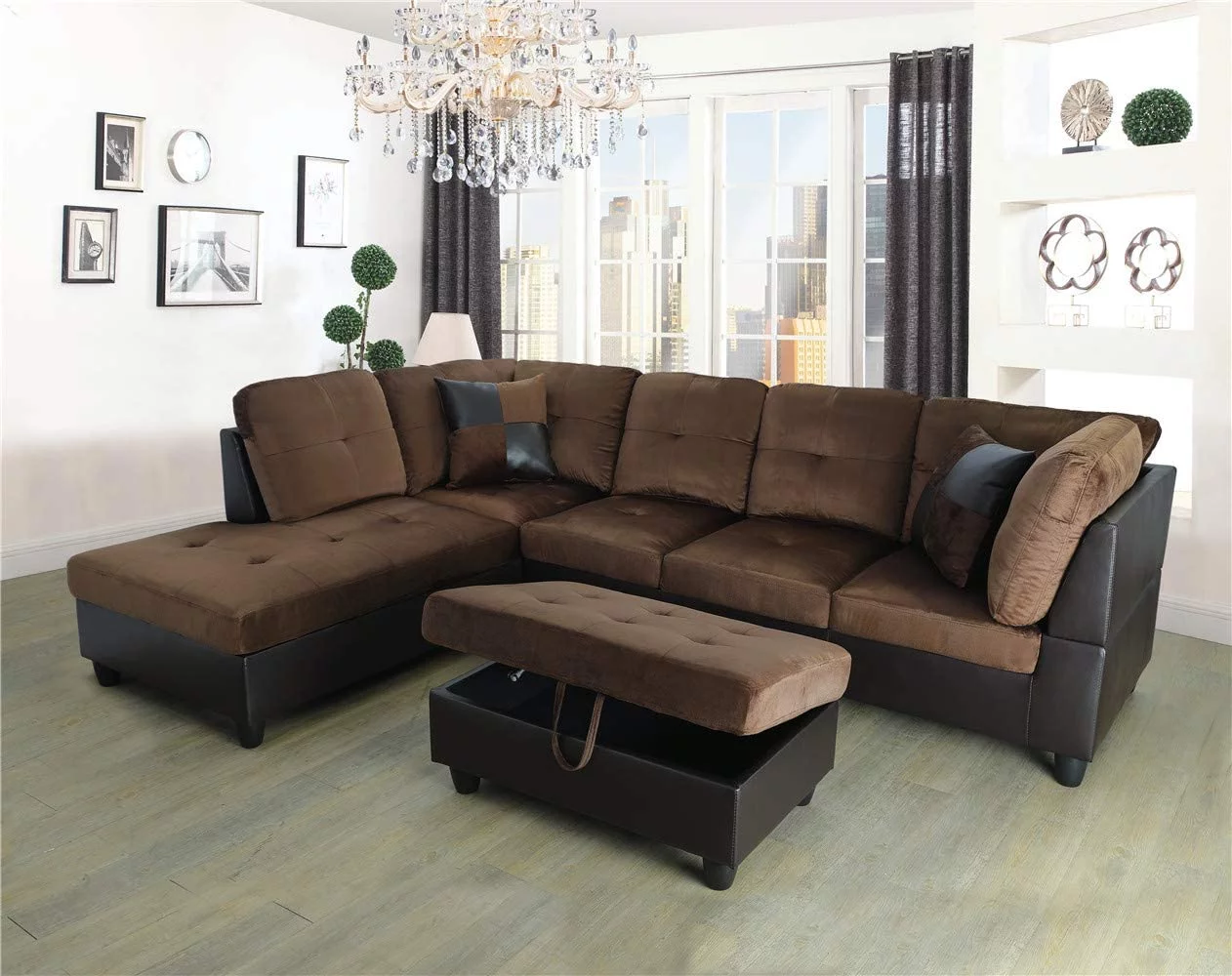 Ainehome 3 PCS Microfiber Living Room Set, L Shape Sectional Sofa with Storage Ottoman & Matching Pillows (Left Hand Facing, Chocolate 2)