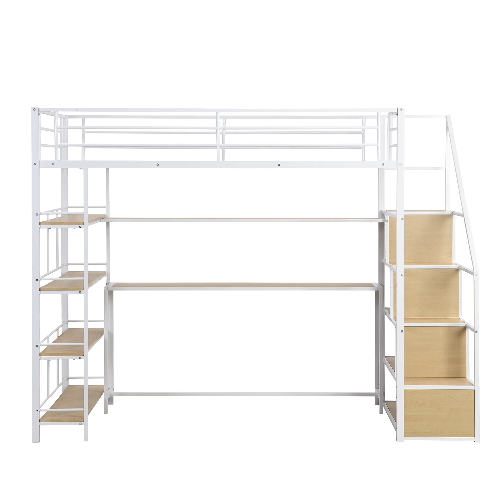 Bellemave Twin Size Metal Loft bed with Stairs and Desk, Heavy-Duty Steel Loft Bed Frame Built-in Storage Shelves, Loft Bed Twin for Kids Teens Adults,White