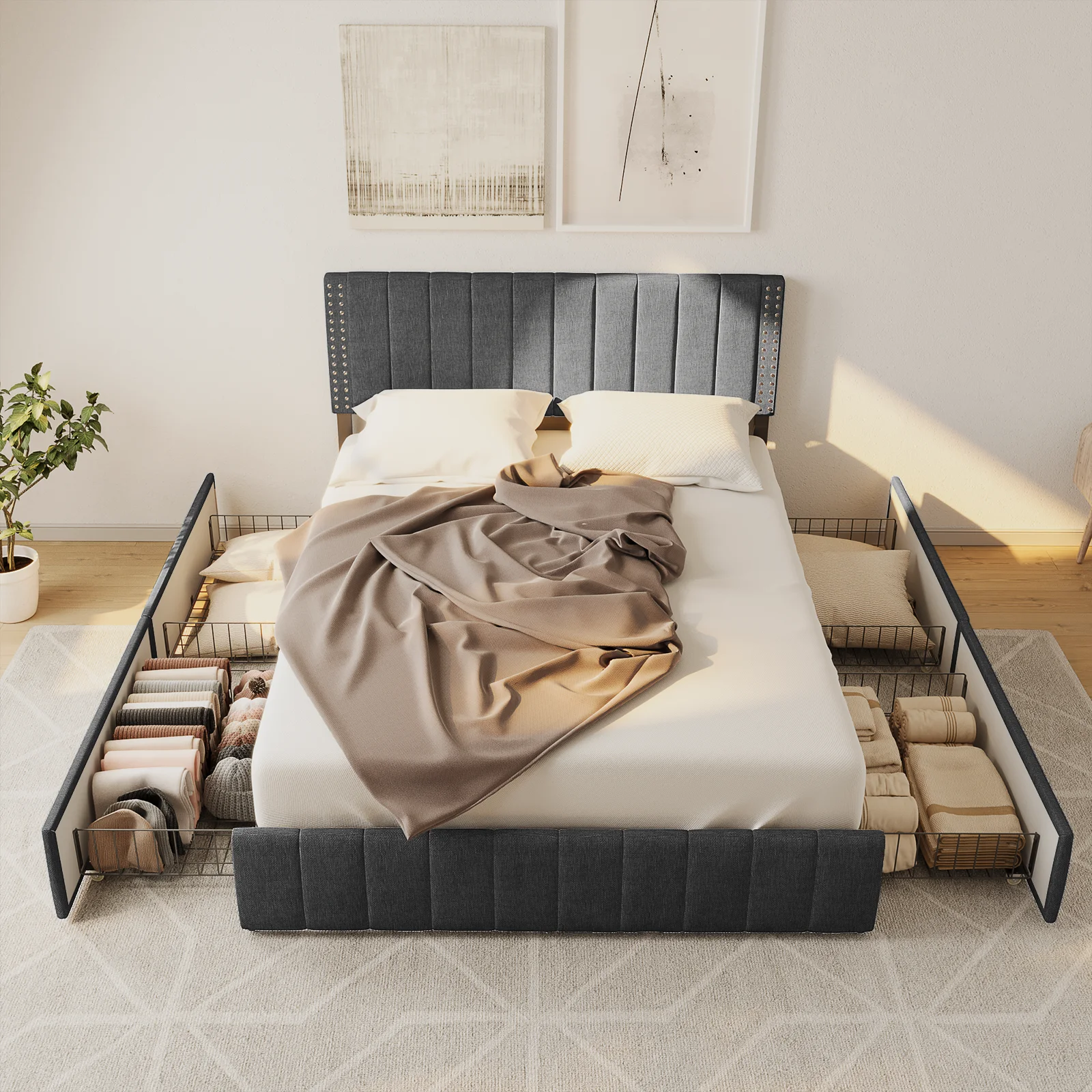 Aiho Bed Frame Queen with 4 Storage Drawers for Bedroom, Dark Grey