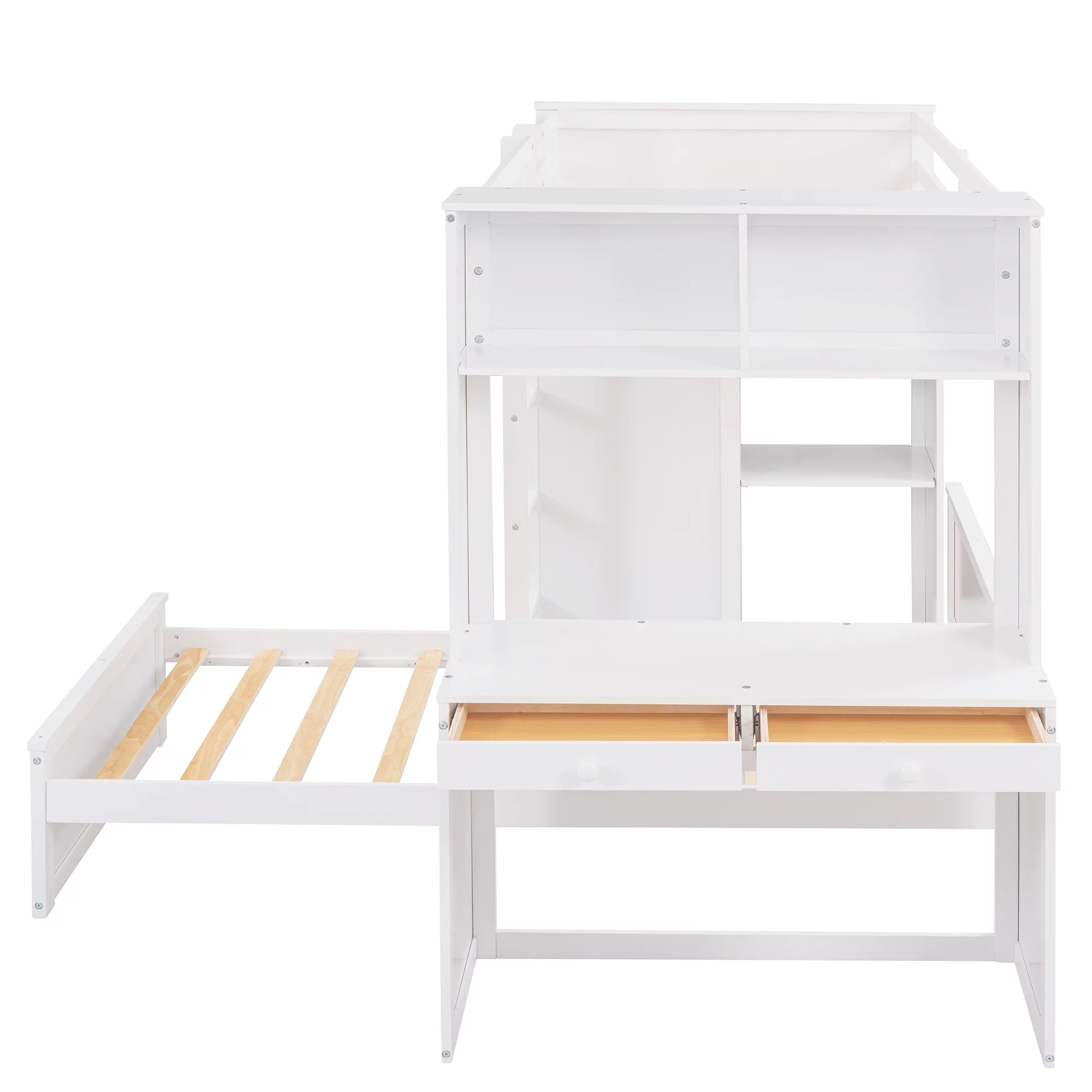 THINK 30,Twin Size Loft Bed with Desk and Wardrobe, Wood Convertible Bunk Bed with Storage Drawers and Shelves, Wooden Loft Bed Frame for Kids Teens, No Box Spring Needed, White