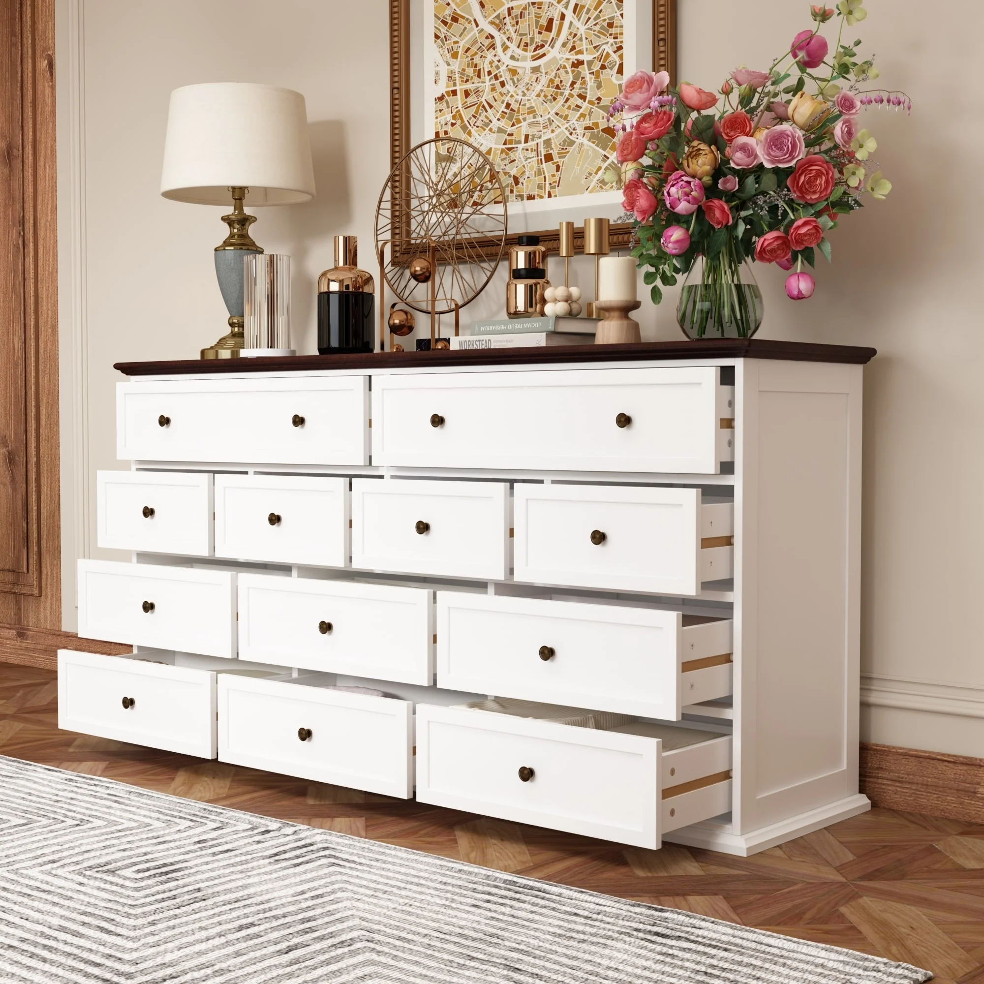 Versatile 12-Drawer Solid Wood Dresser - Brown & White Chest Of Drawer