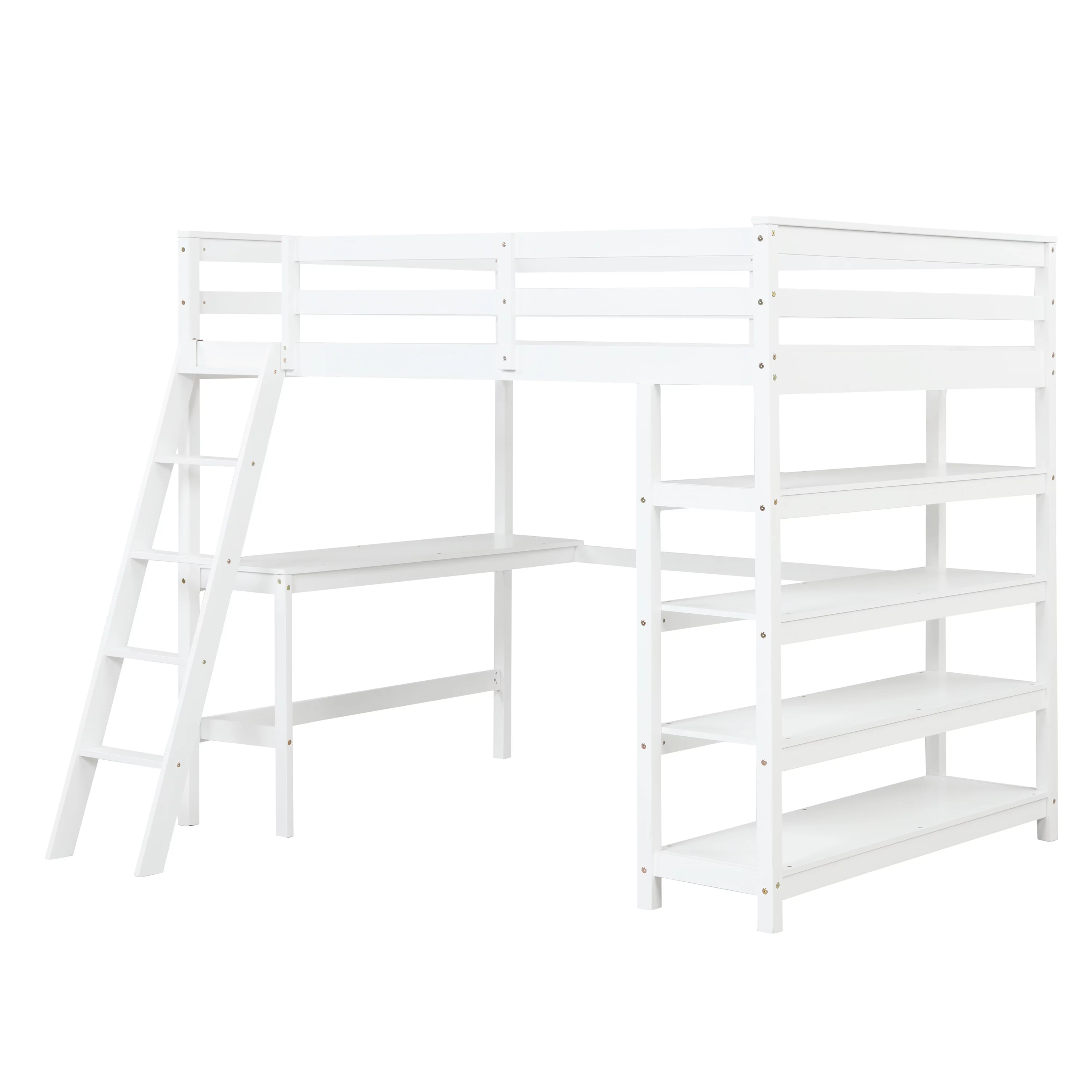 Dcenta Loft Bed Full with desk,ladder,shelves , White,Overall Product Dimension:79.5”x59.1”x68.1”