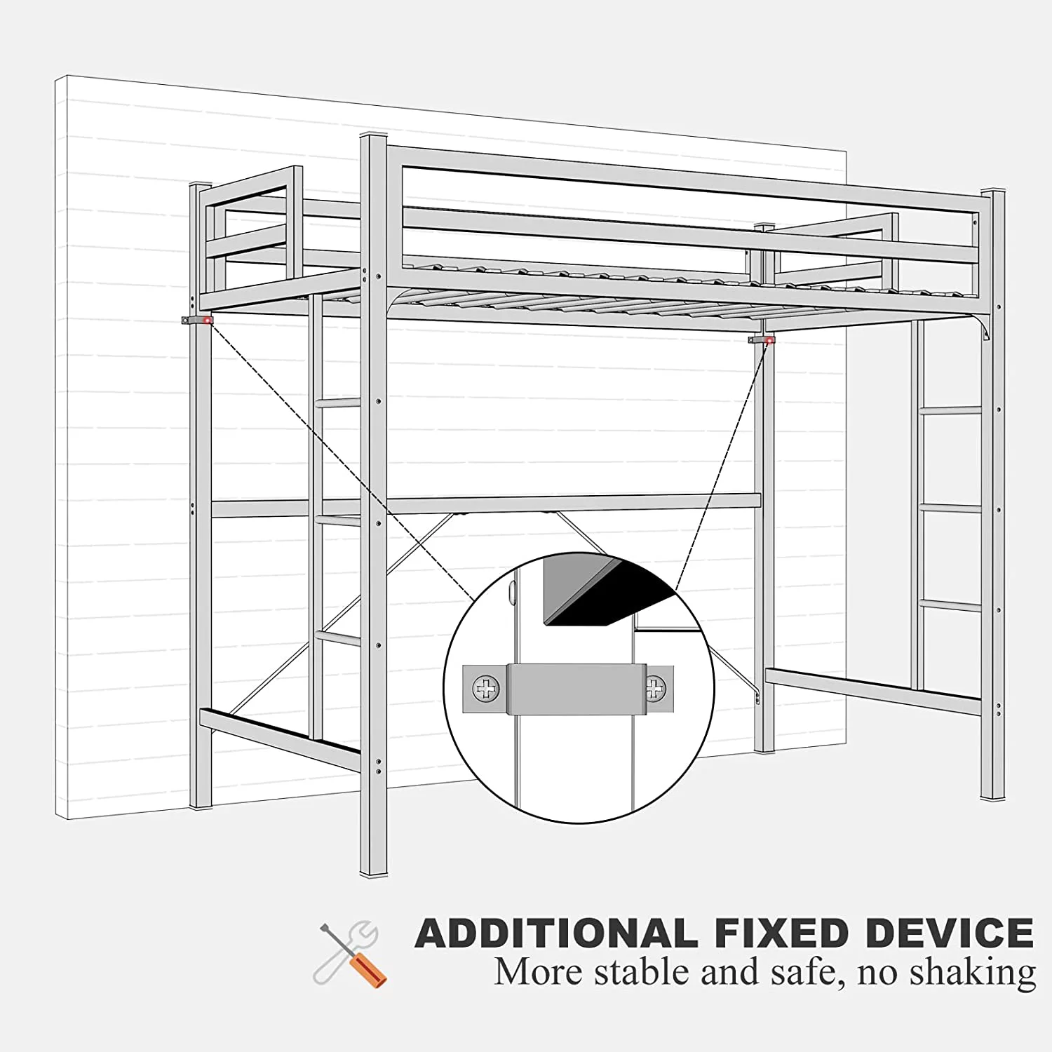 IKIFLY Metal Twin Size Loft Bed Frame - Heavy Duty Junior Loft Beds with 2 Ladders & Safety Guard Rail, Space-Saving, Noise Free, for Kids / Adults / Teens - Silver Grey