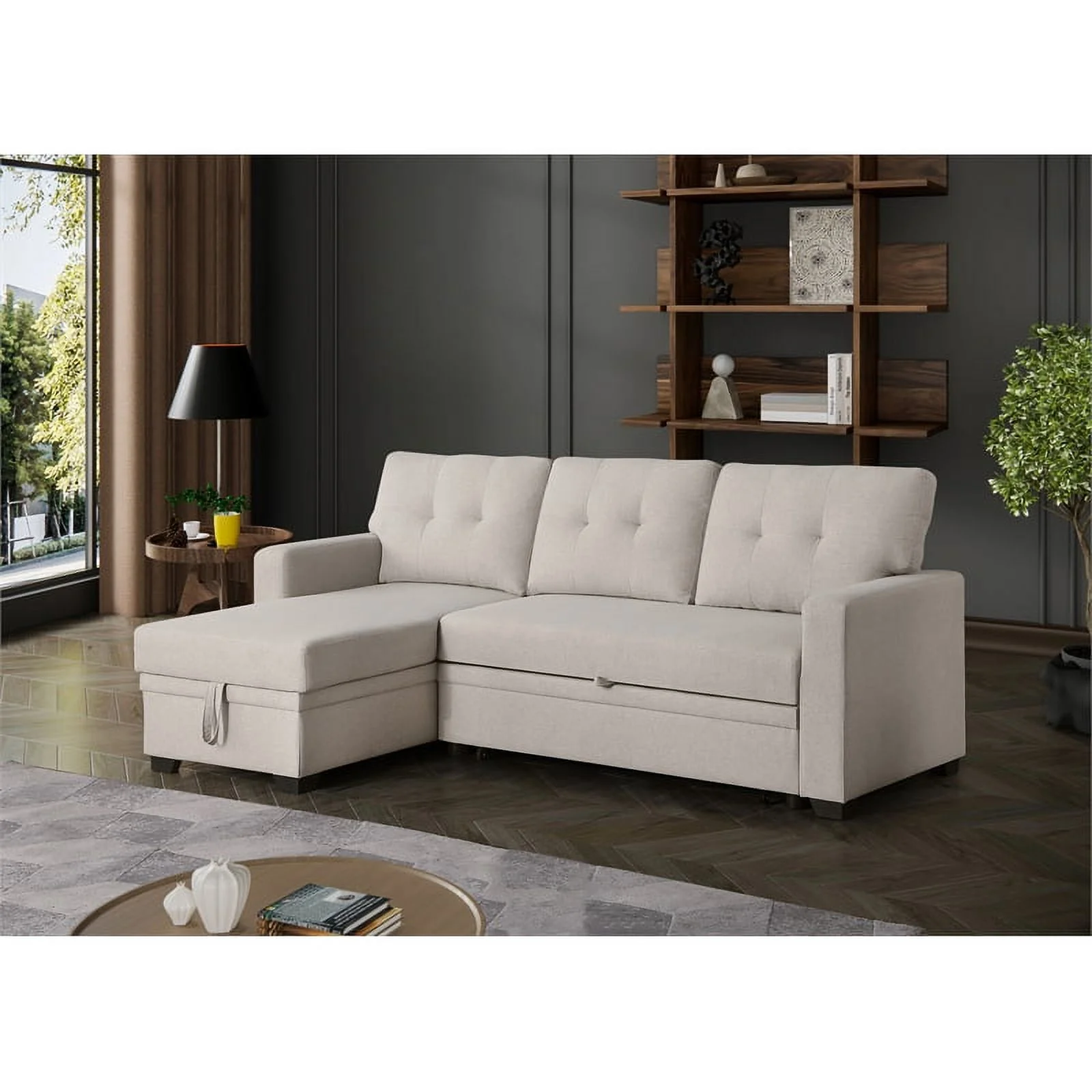 Devion Furniture Polyester Fabric Reversible Sleeper Sectional Sofa-Beige