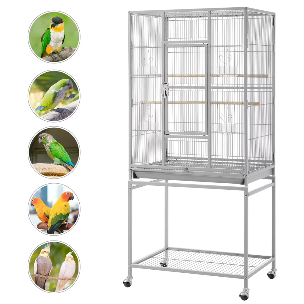 Topeakmart 54''H Large Rolling Metal Parrot Cage Bird Cage with Detachable Stand for Conures Parakeets Cockatiels, Light Gray