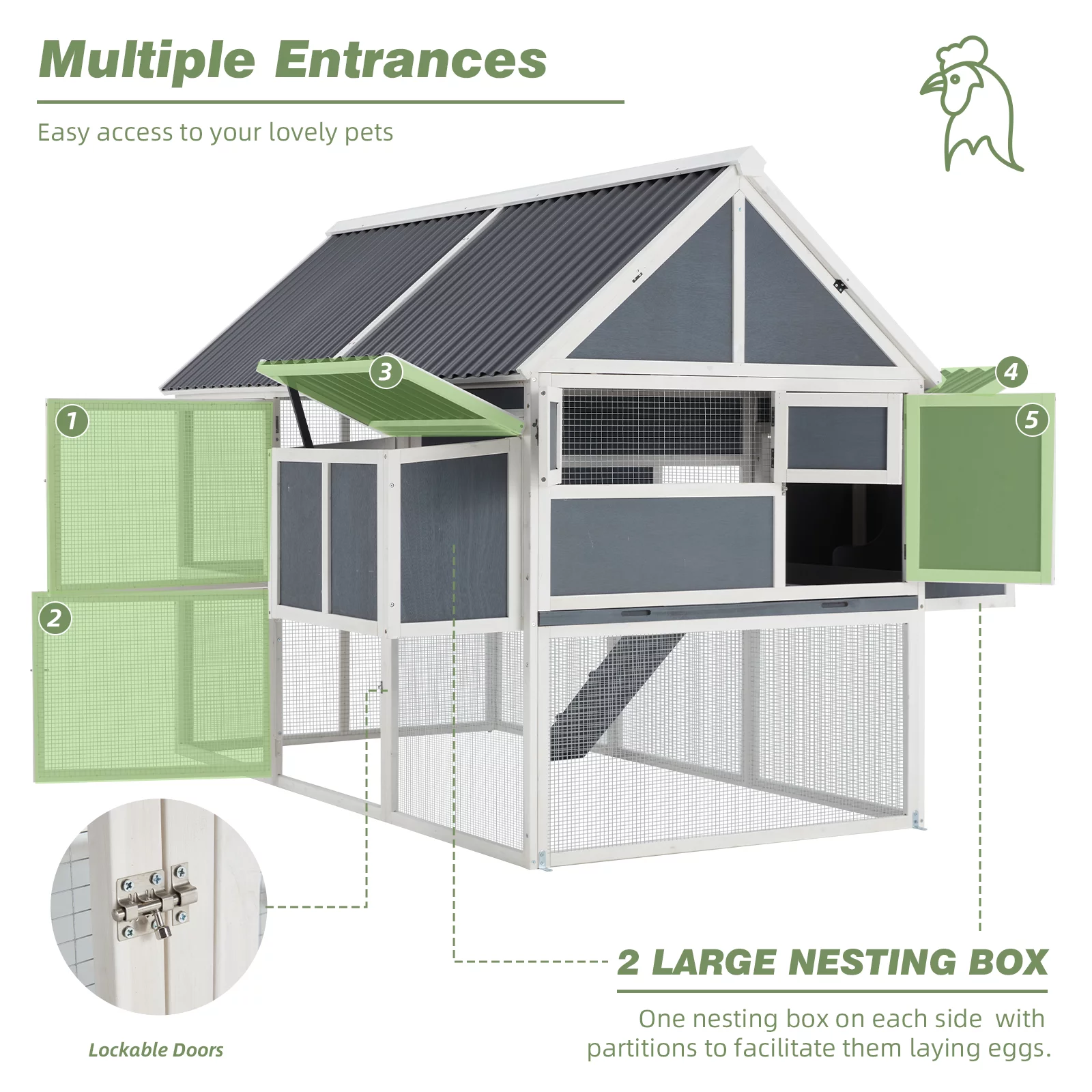 YODOLLA 84” Large Chicken Coop Outdoor Wooden Hen House Poultry Cage with 2 Nesting Boxes & Removable Tray,Gray
