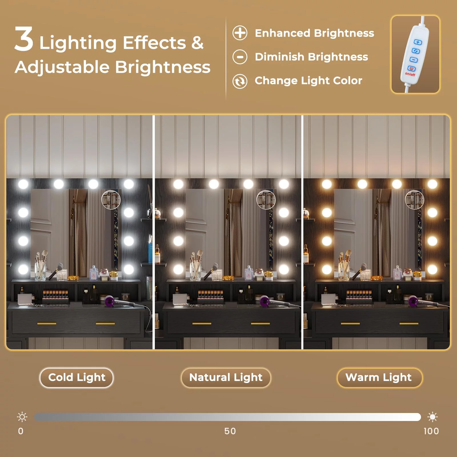 Afuhokles Glass Top Vanity Desk with Mirror and Lights, Makeup Vanity with Lights, Charging Station, 8 Drawers, Acrylic Dividers and Shelves, Black