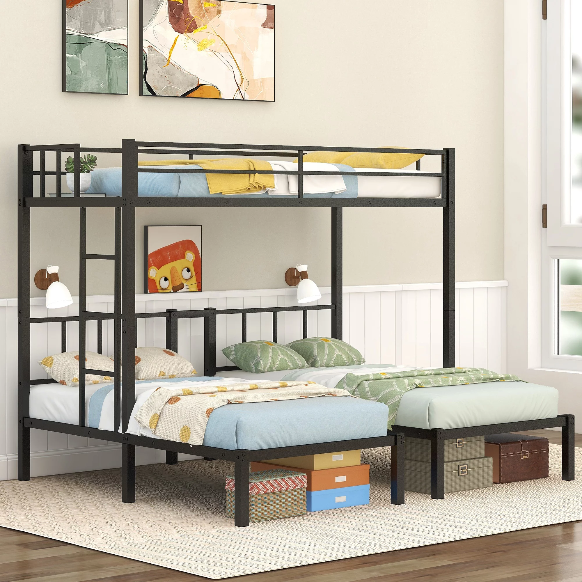 Metal Triple Bunk Bed for 3,Twin over Twin&Twin Size Bunk Bed with Built-in Shelf,Can be divided into 3 Separate Bed,Heavy-Duty Steel Bed Frame for Kids Teens Adults (Black)