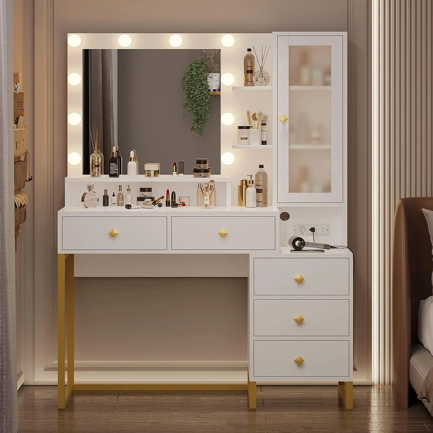 Makeup Vanity with Lights, Vanity Table with Charging Station,Mirror,Makeup Table with with 5 Drawers and Storage Shelves, White