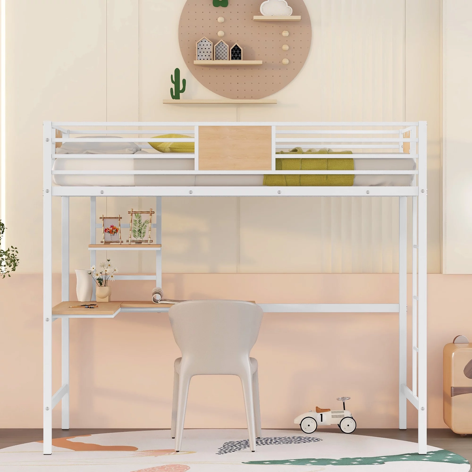 Bellemave Twin Metal Loft Bed with L-Shape Desk and Shelve,Sturdy Metal Loft Bed Frame with Guardrail for Kids,Teens,White