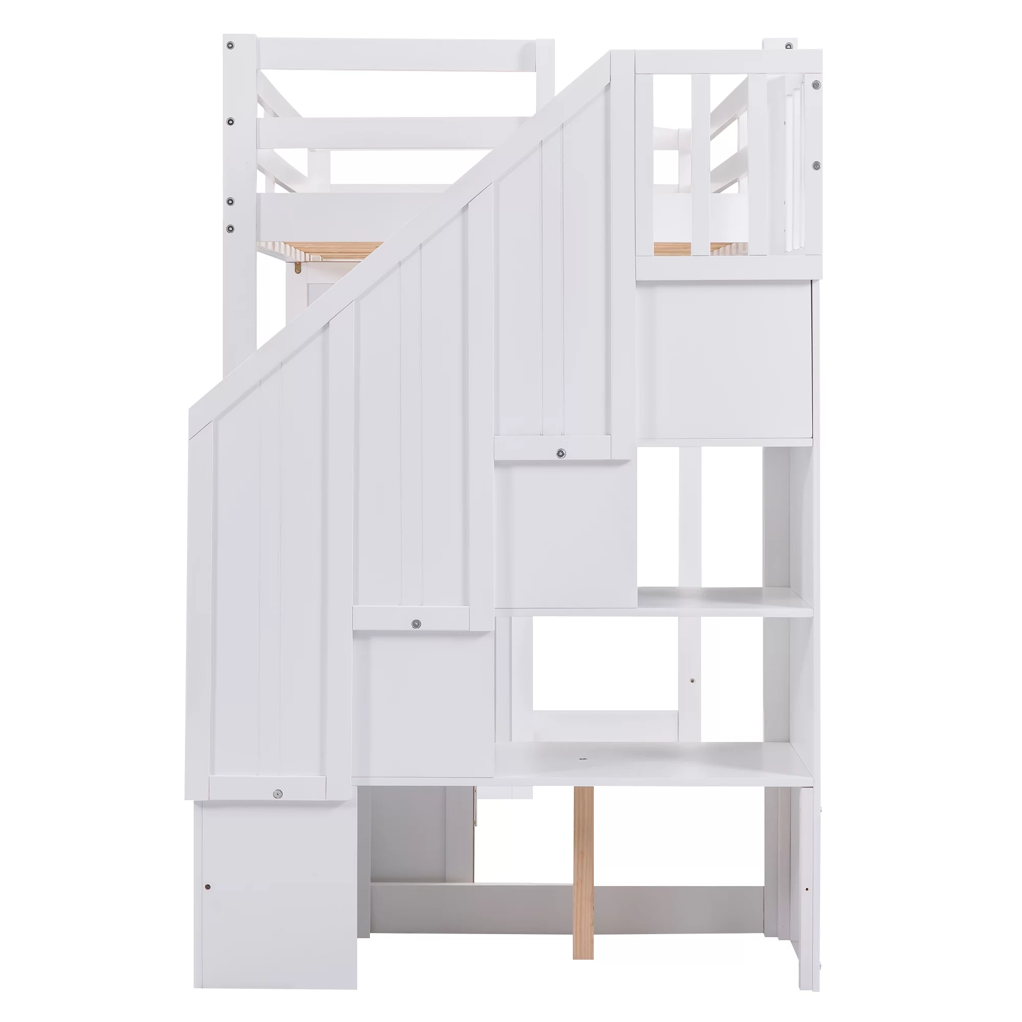 Euroco Twin Size Pine Wood Loft Bed with Desk, Drawers and Wardrobe for Kids Room, Storage Staircase, Sapce-Saving Shelf, White