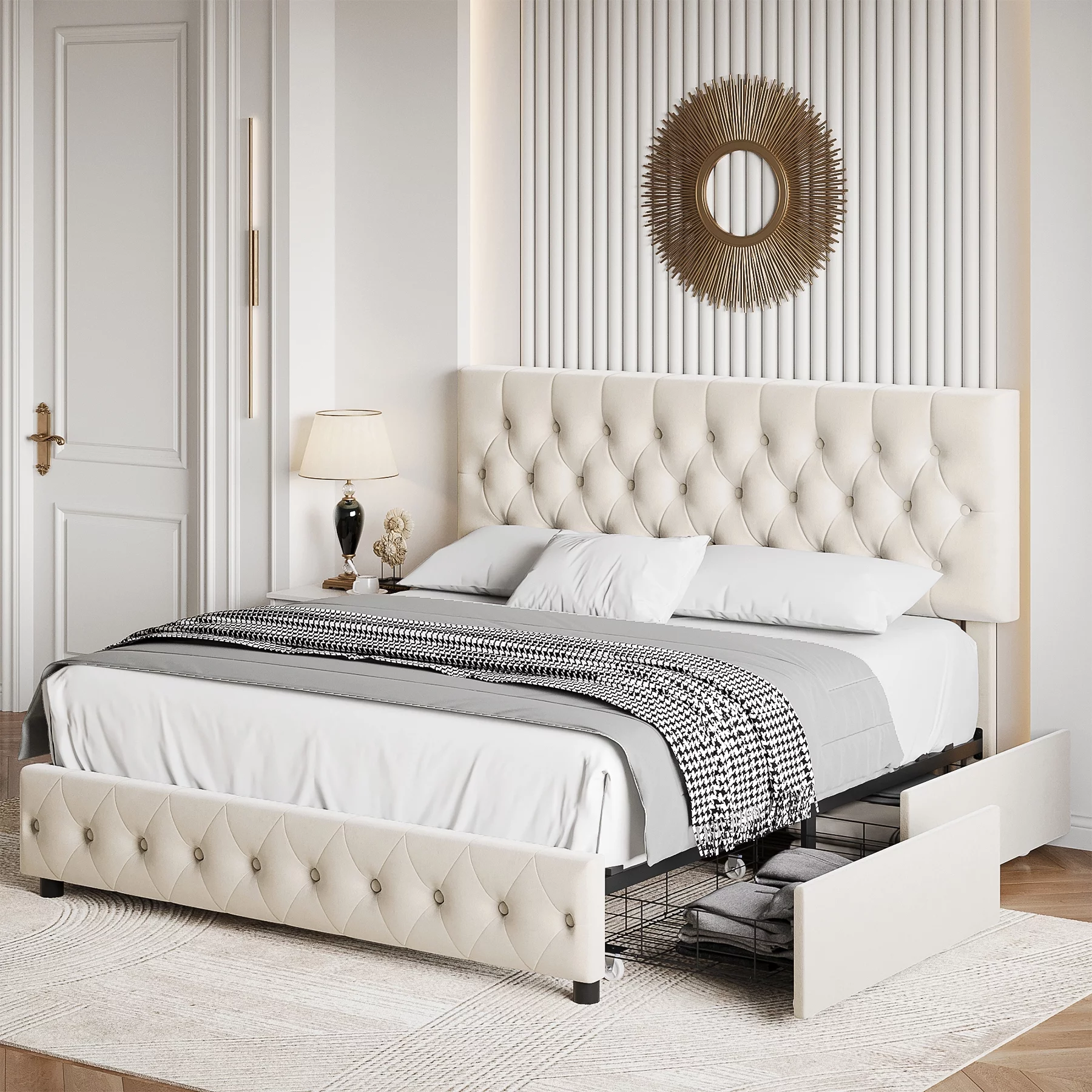 Homfa Queen Size Storage Bed, Velvet Platform Bed Frame with 4 Drawers, Upholstered with Adjustable Headboard, Off White